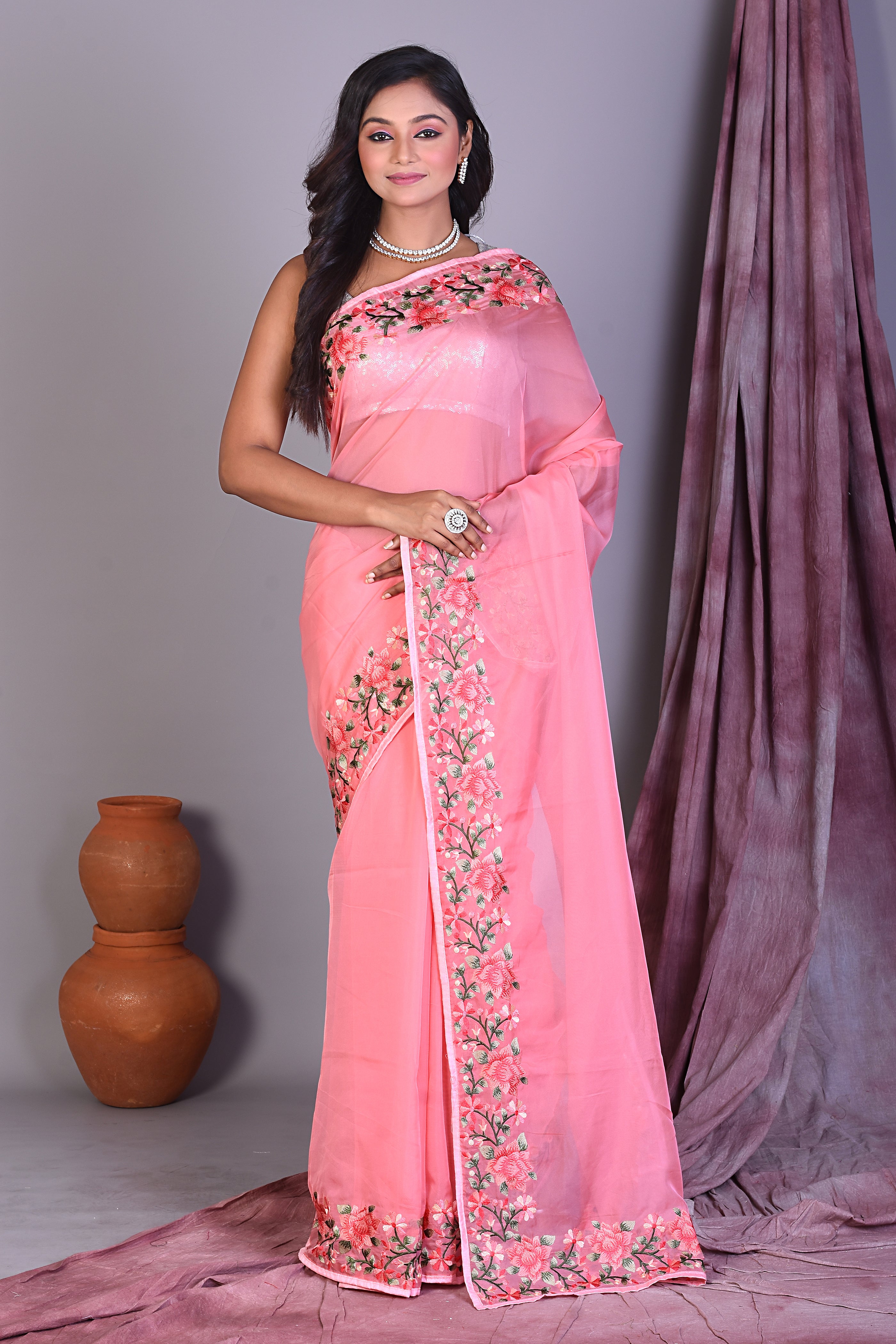 Peach Blended Organza Saree with Floral Borders - Keya Seth Exclusive