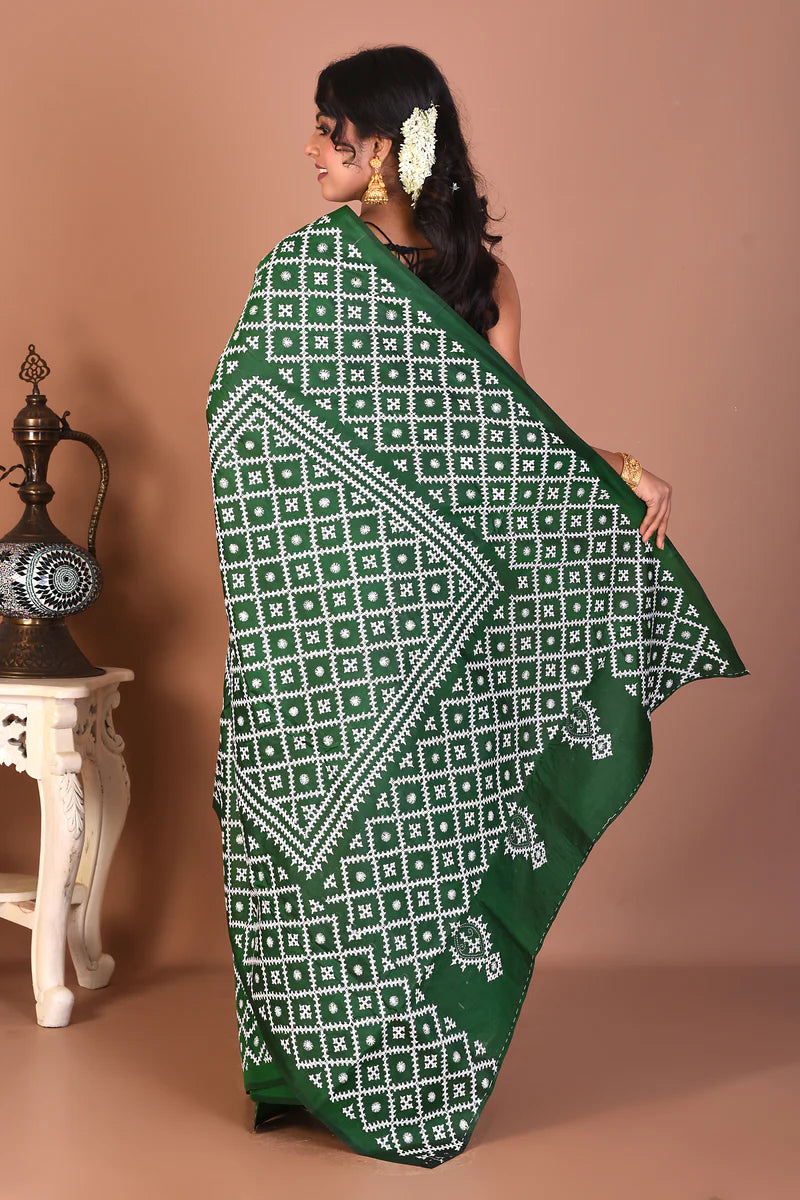 Bottle Green Pure Katha Stitch Saree - Keya Seth Exclusive
