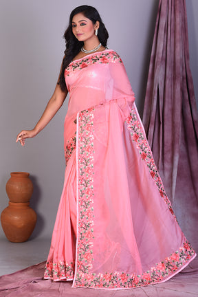 Peach Blended Organza Saree with Floral Borders - Keya Seth Exclusive