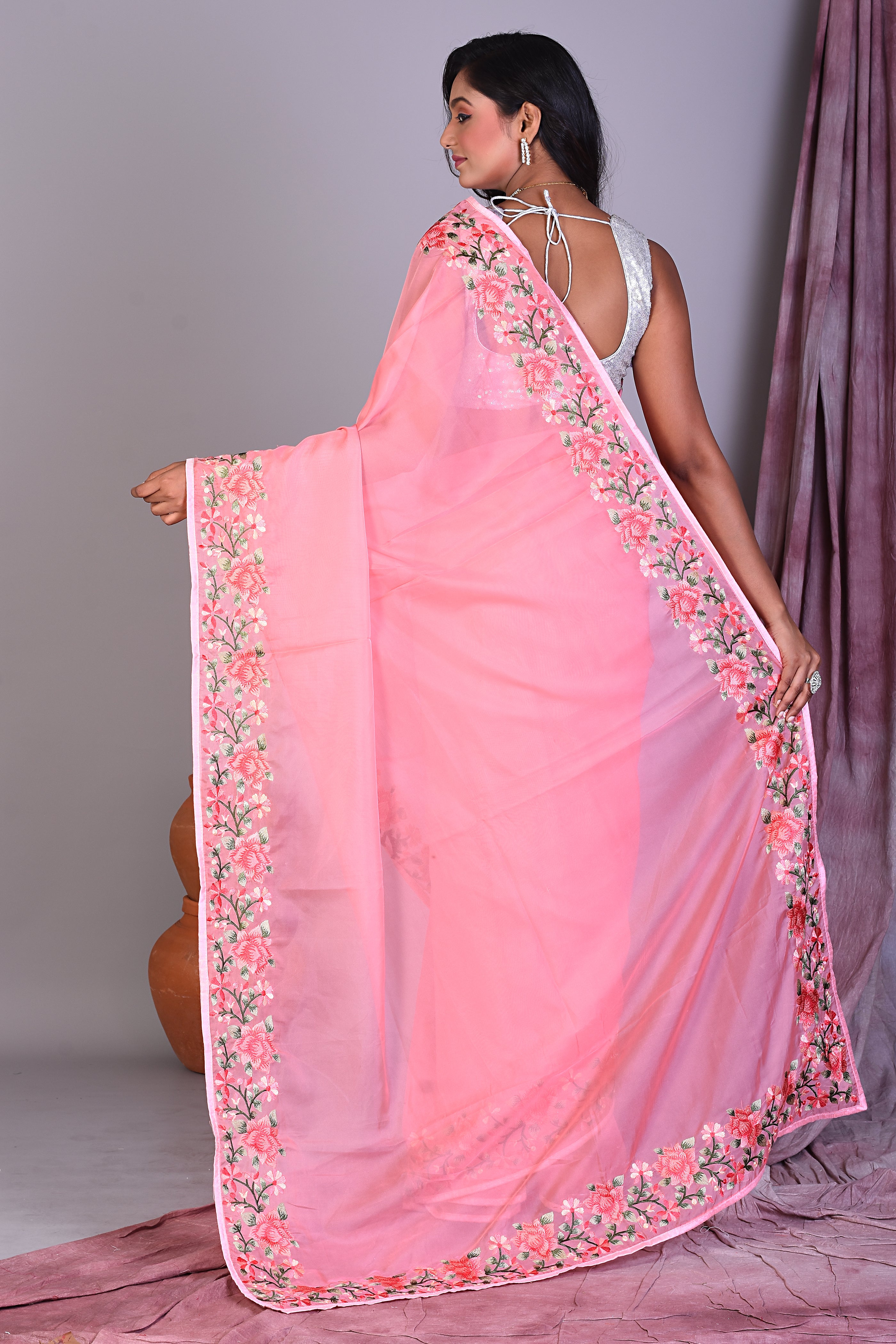 Peach Blended Organza Saree with Floral Borders - Keya Seth Exclusive