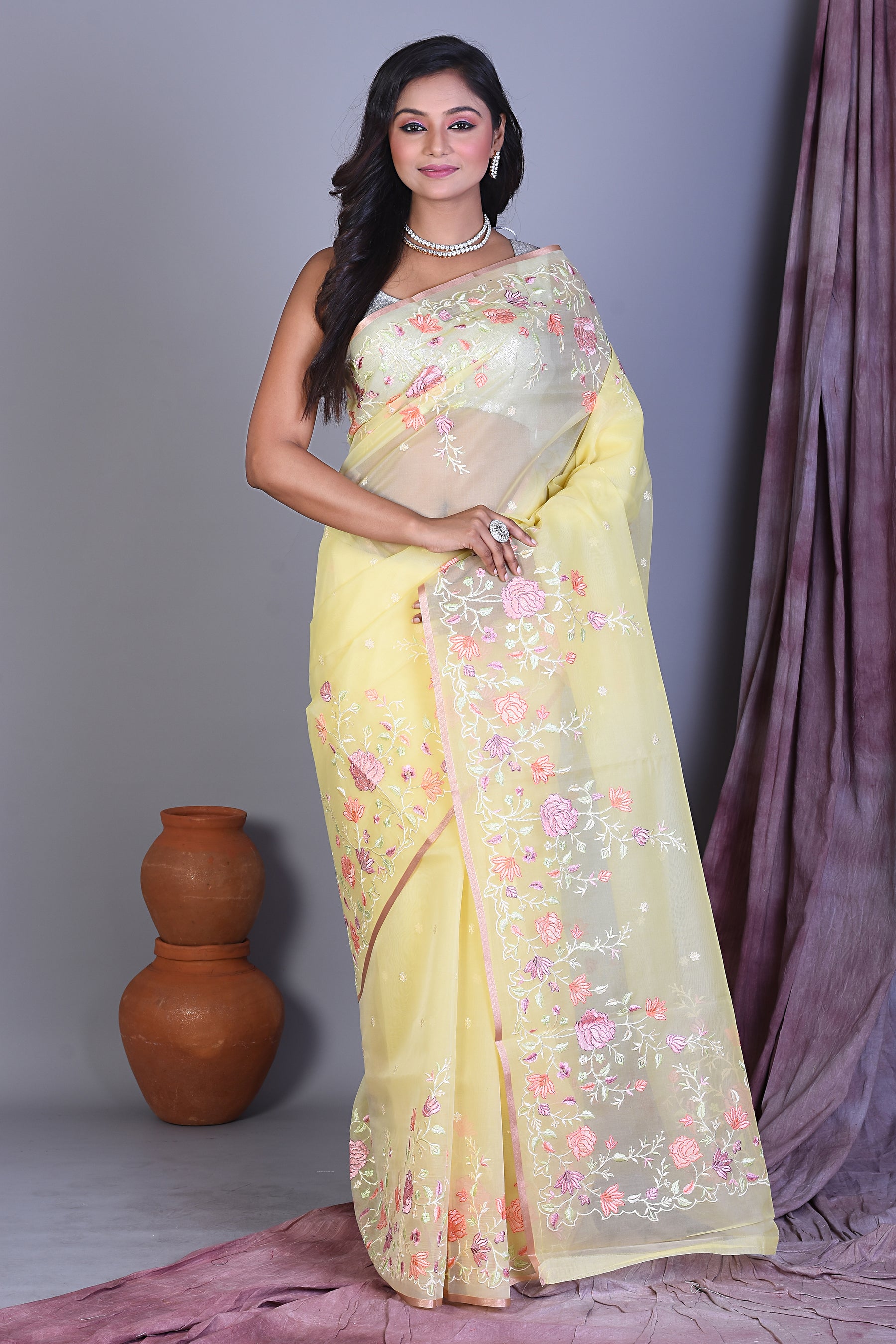 Lemon Yellow Blended Organza Saree with Floral Work - Keya Seth Exclusive