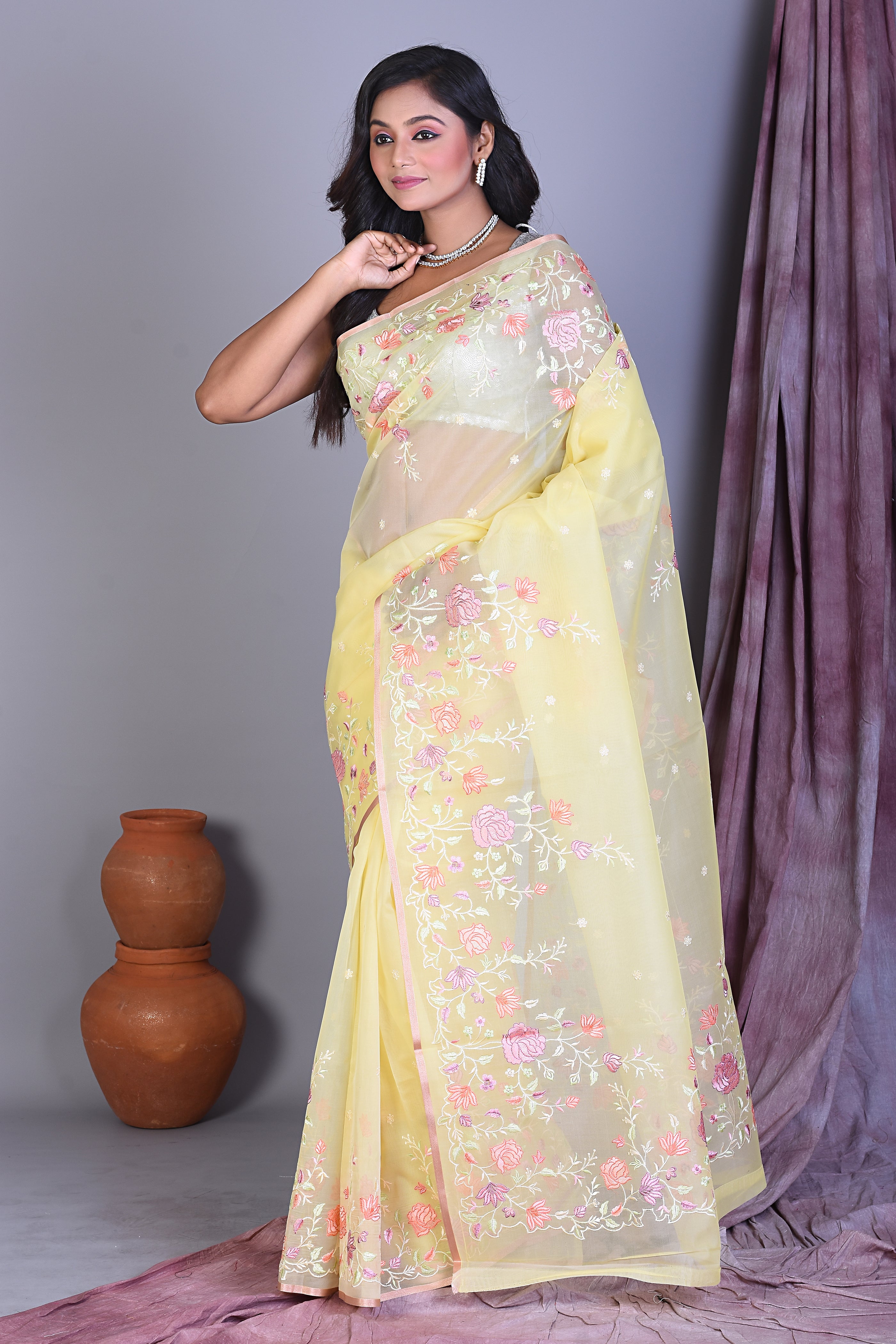 Lemon Yellow Blended Organza Saree with Floral Work - Keya Seth Exclusive