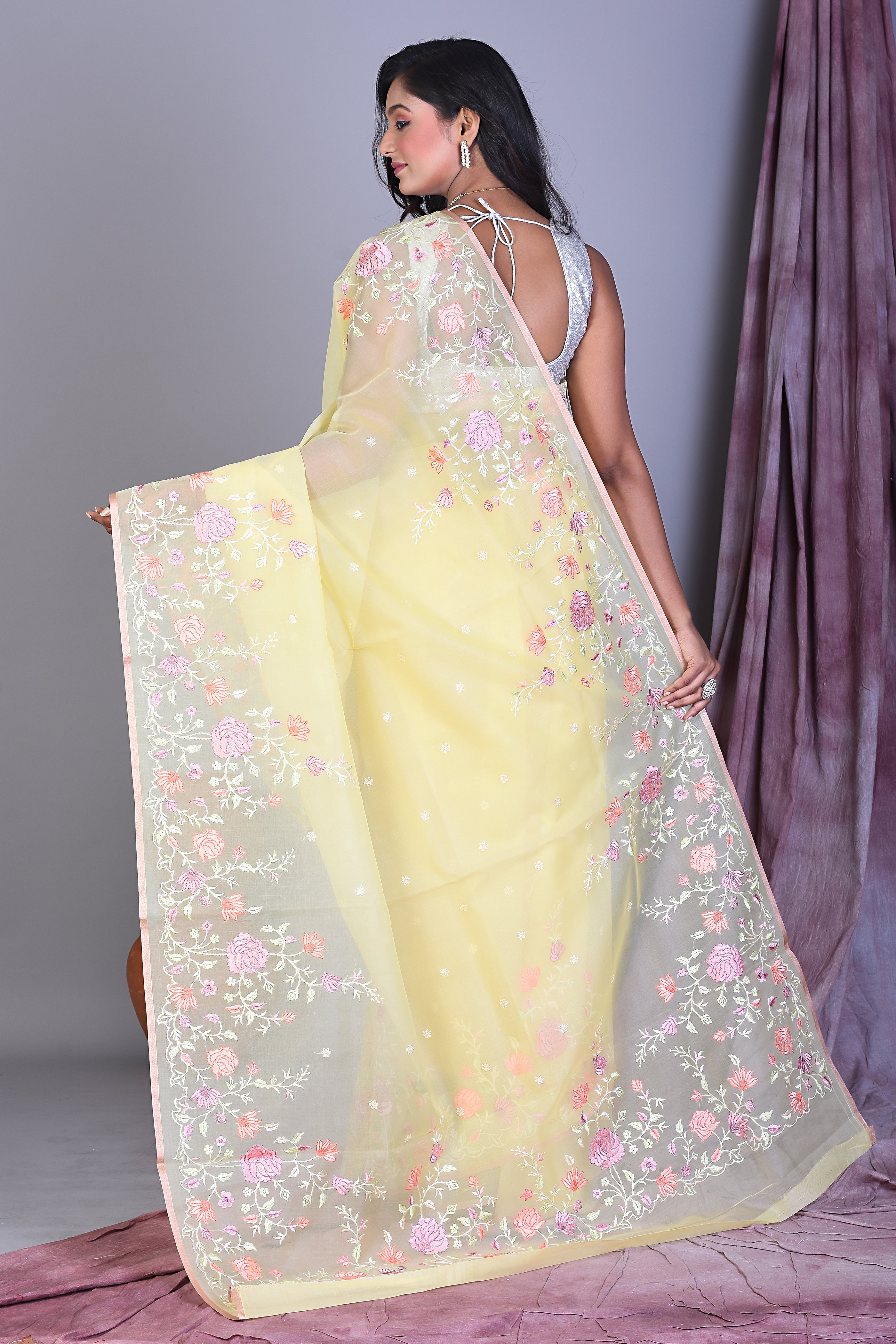 Lemon Yellow Blended Organza Saree with Floral Work - Keya Seth Exclusive