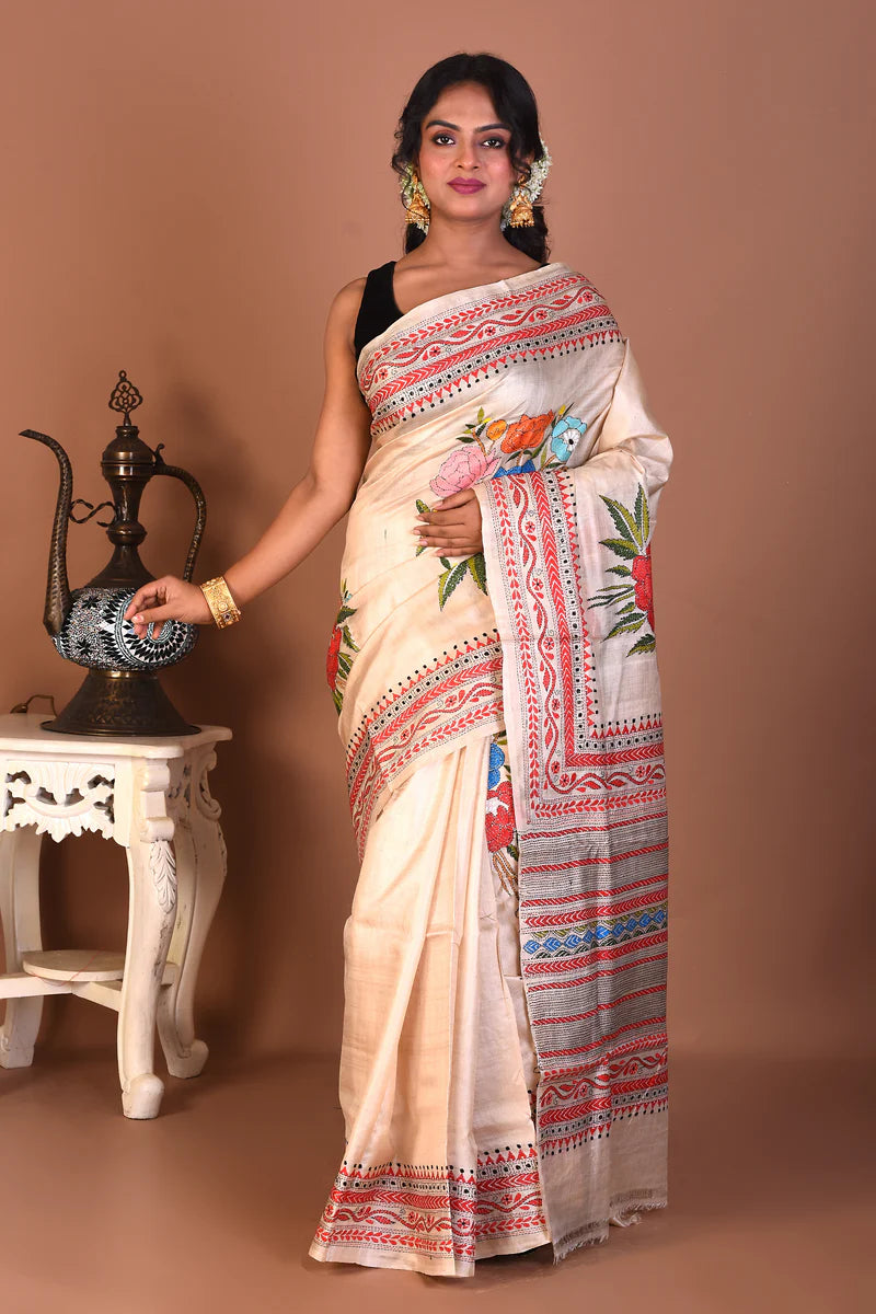 Beige Pure Katha Stitch Saree - Keya Seth Exclusive