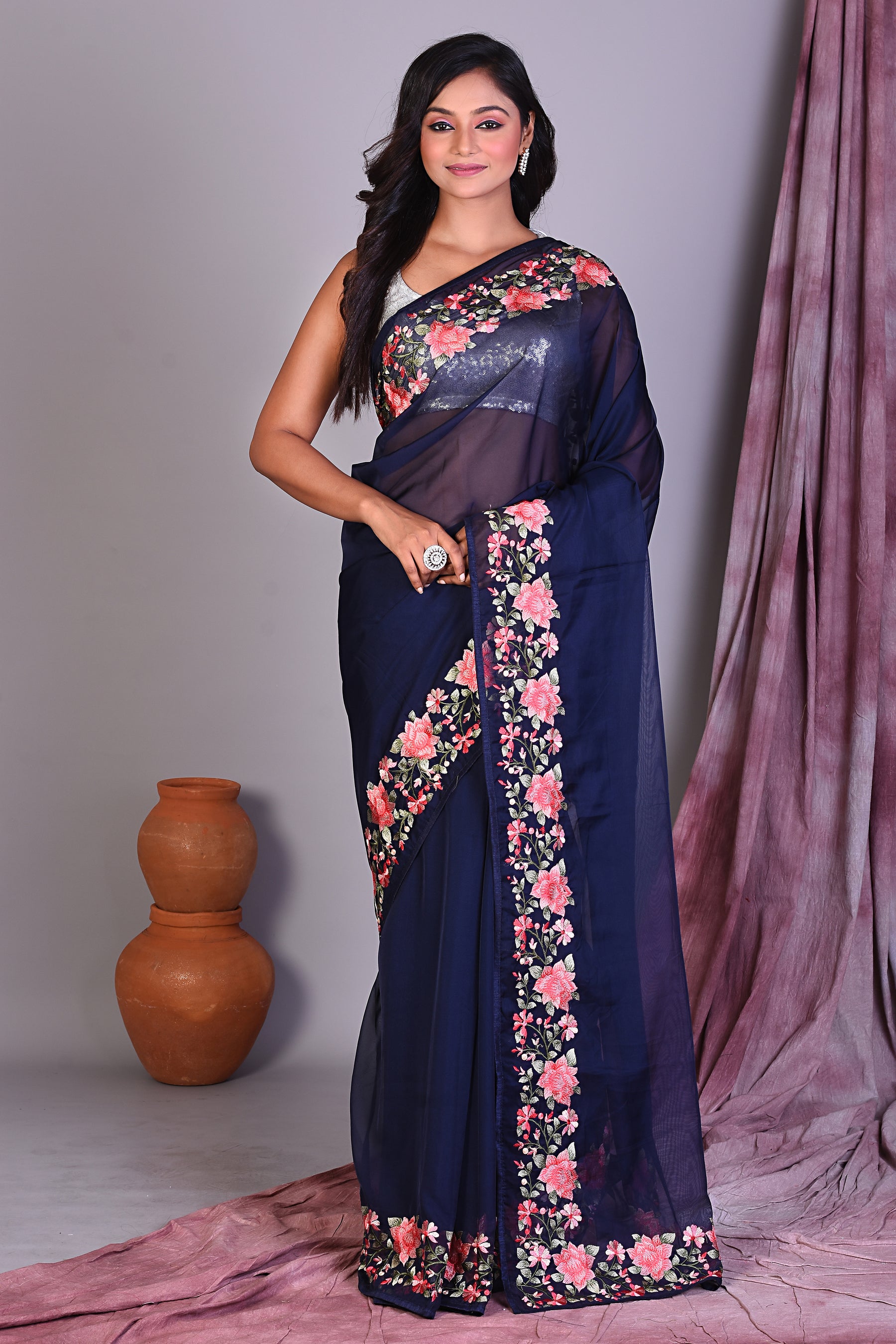 Deep Blue Blended Organza Saree with Floral Borders - Keya Seth Exclusive