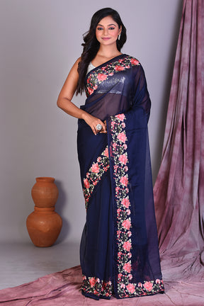 Deep Blue Blended Organza Saree with Floral Borders - Keya Seth Exclusive