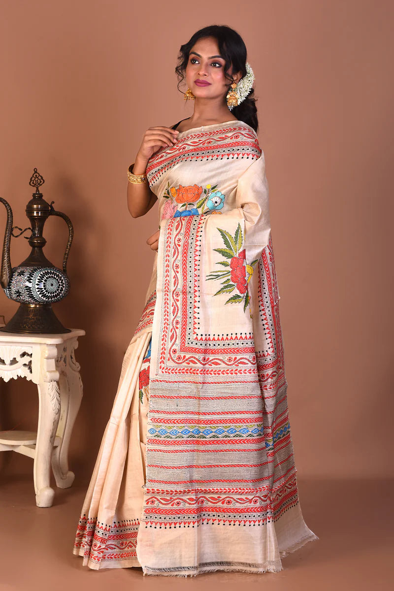 Beige Pure Katha Stitch Saree - Keya Seth Exclusive