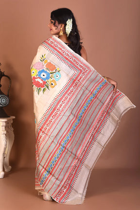 Beige Pure Katha Stitch Saree - Keya Seth Exclusive