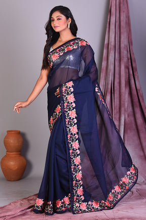 Deep Blue Blended Organza Saree with Floral Borders - Keya Seth Exclusive