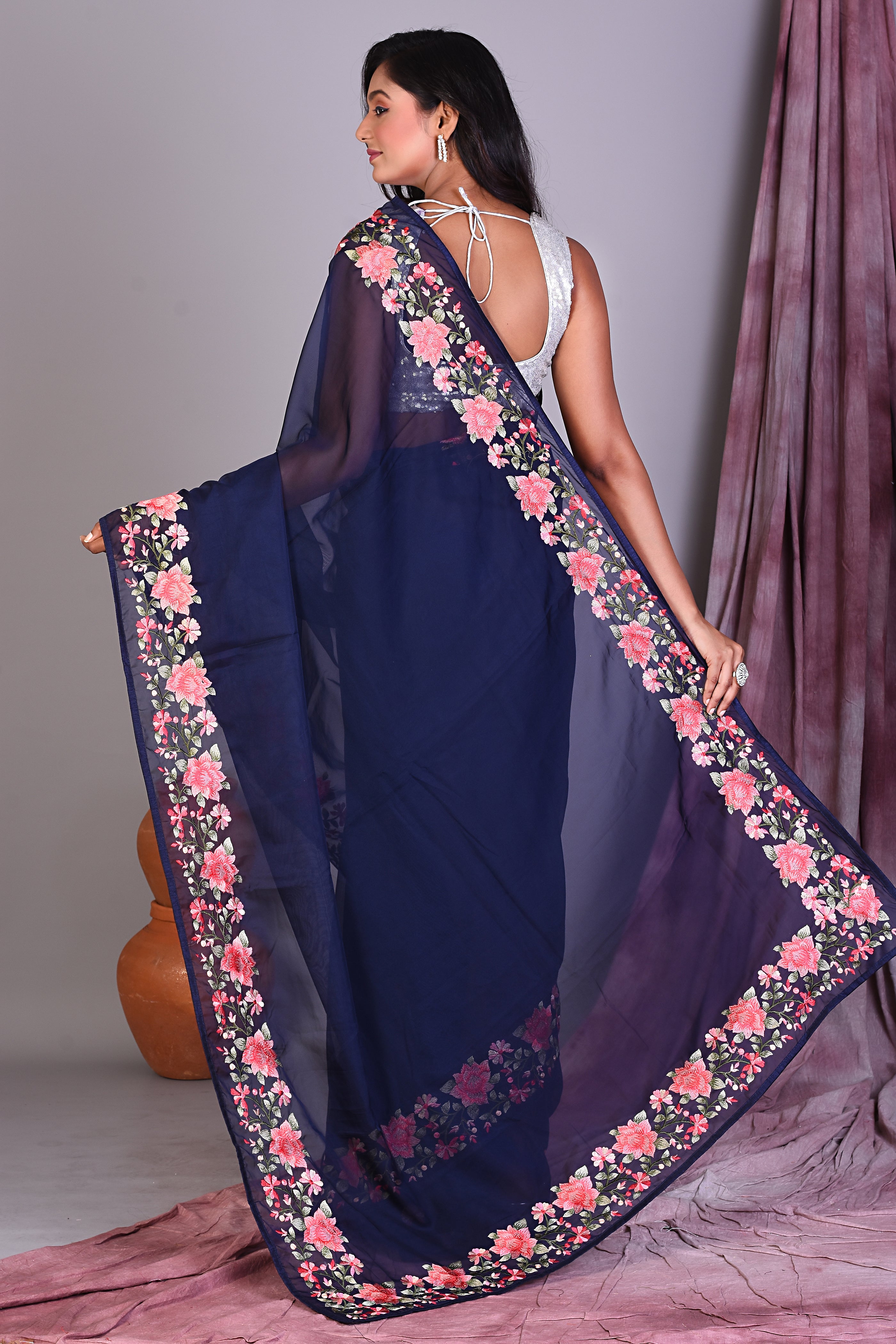 Deep Blue Blended Organza Saree with Floral Borders - Keya Seth Exclusive