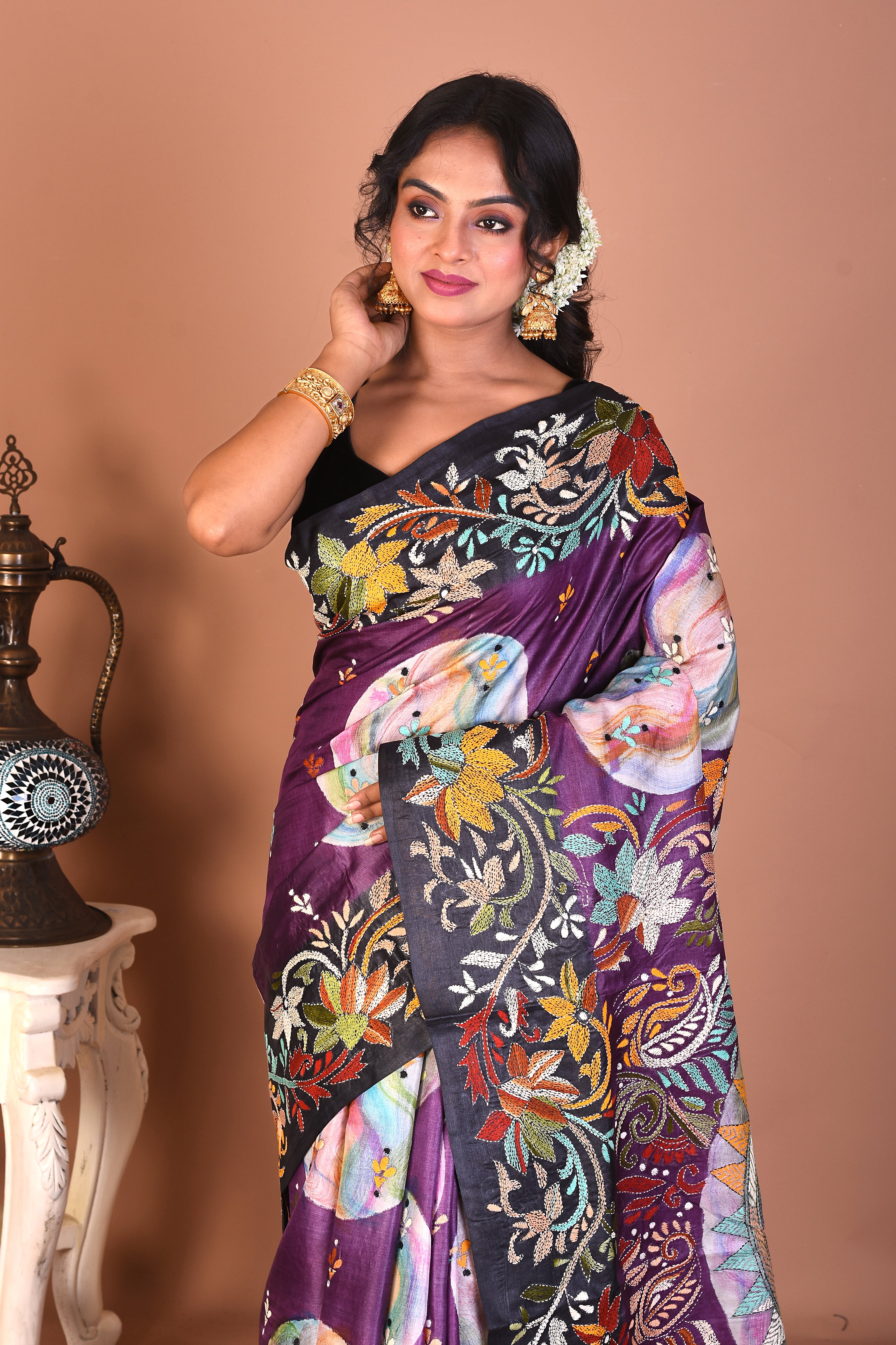 Purple Pure Katha Stitch Silk Saree - Keya Seth Exclusive