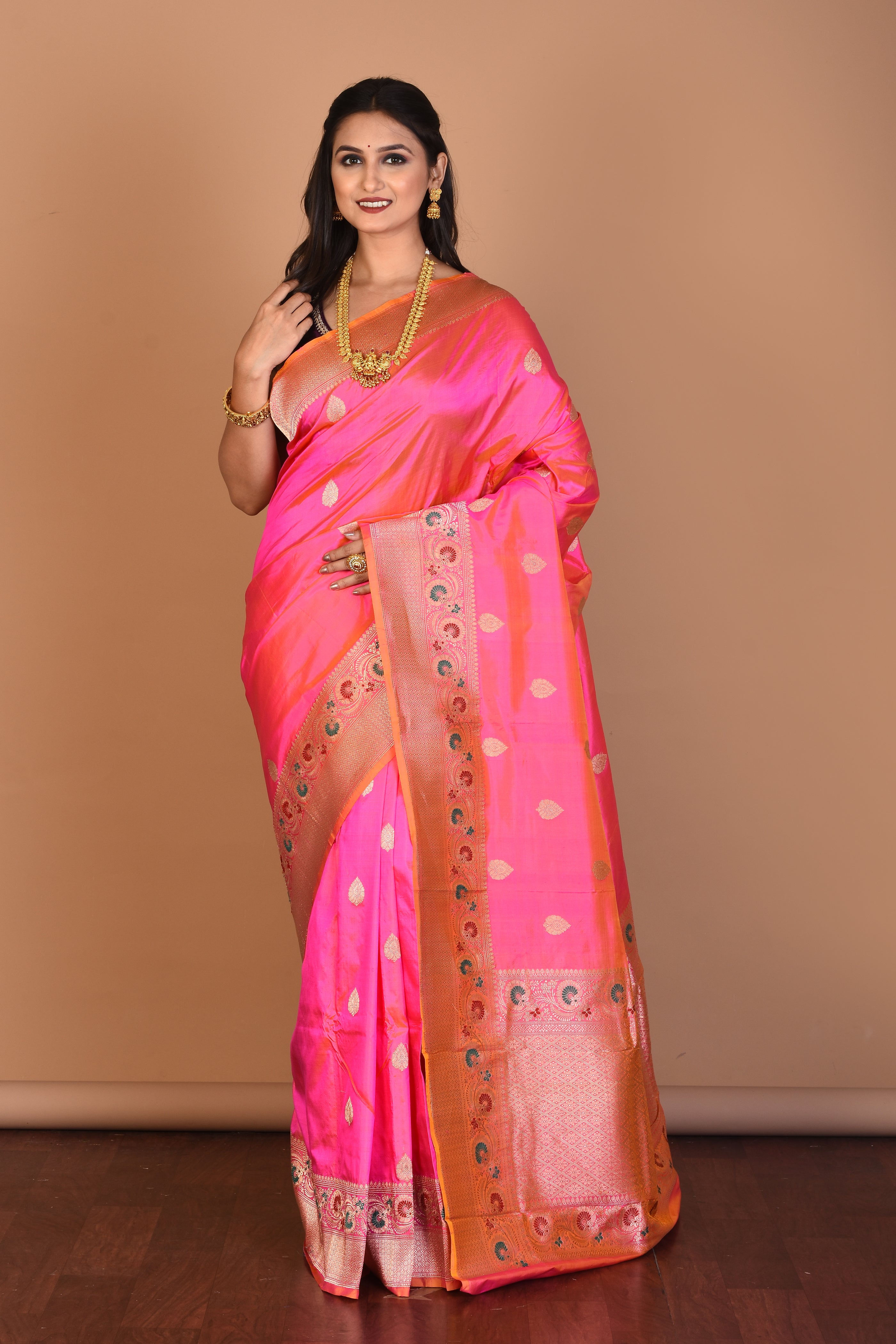 Pink Dual Tone Pure Katan Silk Saree with Blouse Piece - Keya Seth Exclusive