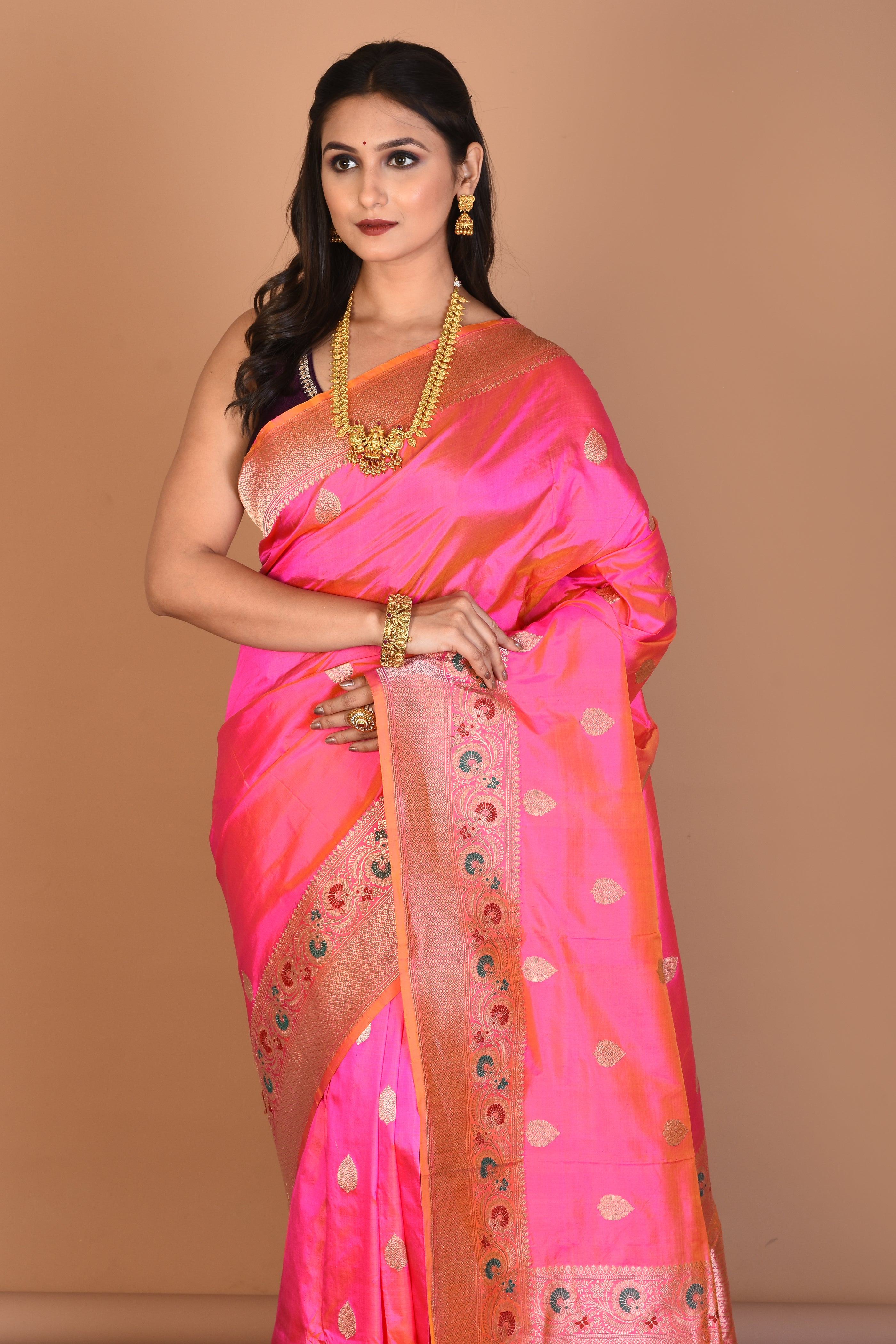 Pink Dual Tone Pure Katan Silk Saree with Blouse Piece - Keya Seth Exclusive