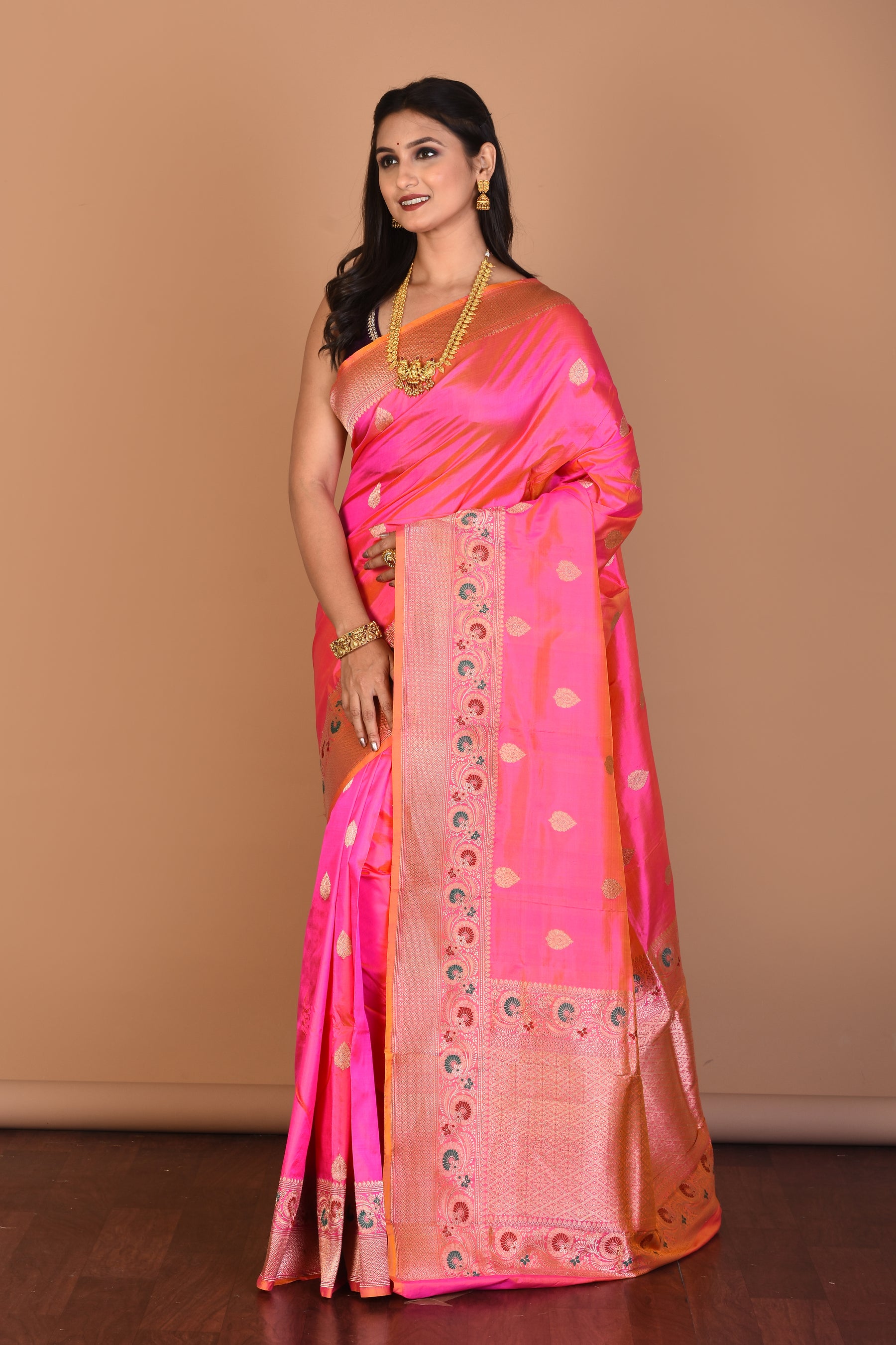 Pink Dual Tone Pure Katan Silk Saree with Blouse Piece - Keya Seth Exclusive