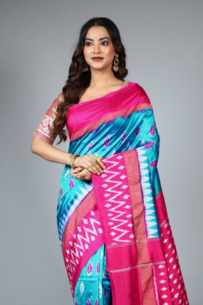 Blue Pure Ikkat Silk Saree
