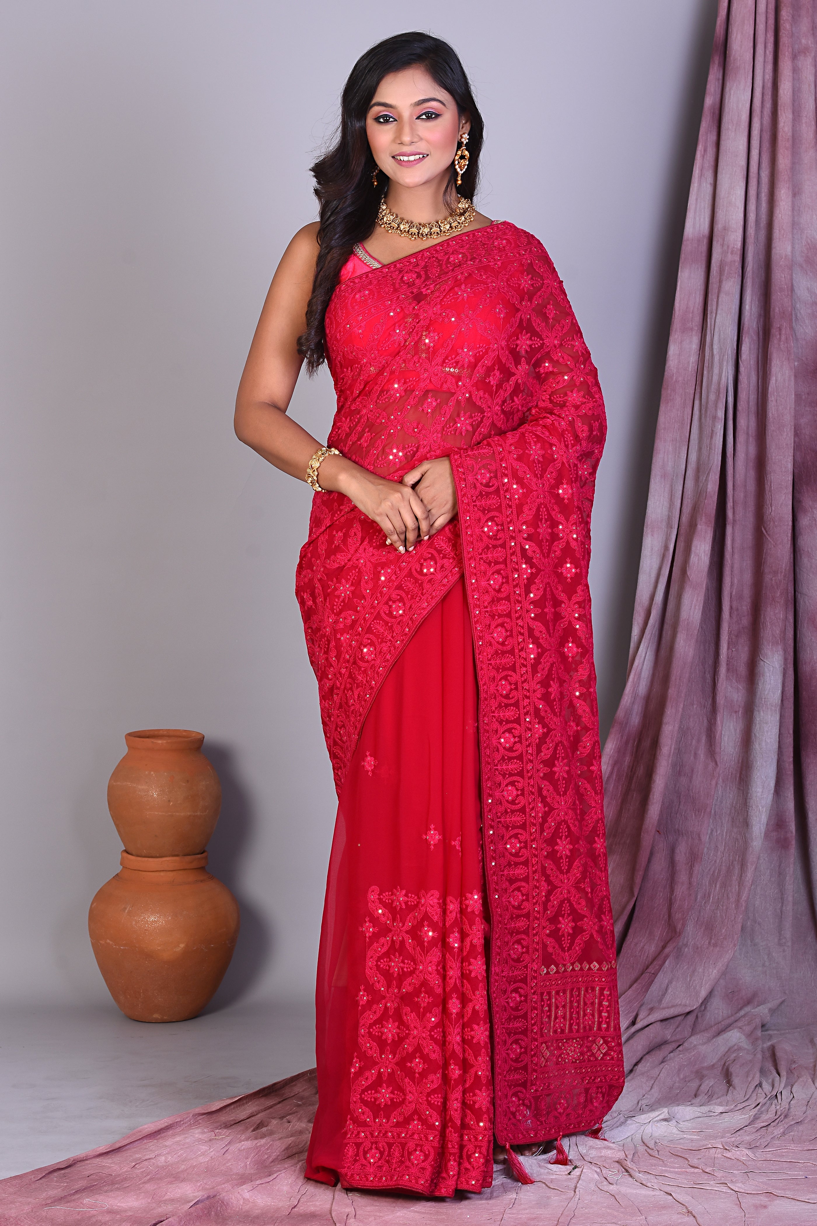 Red Blended Chiffon Saree with Thread Work - Keya Seth Exclusive