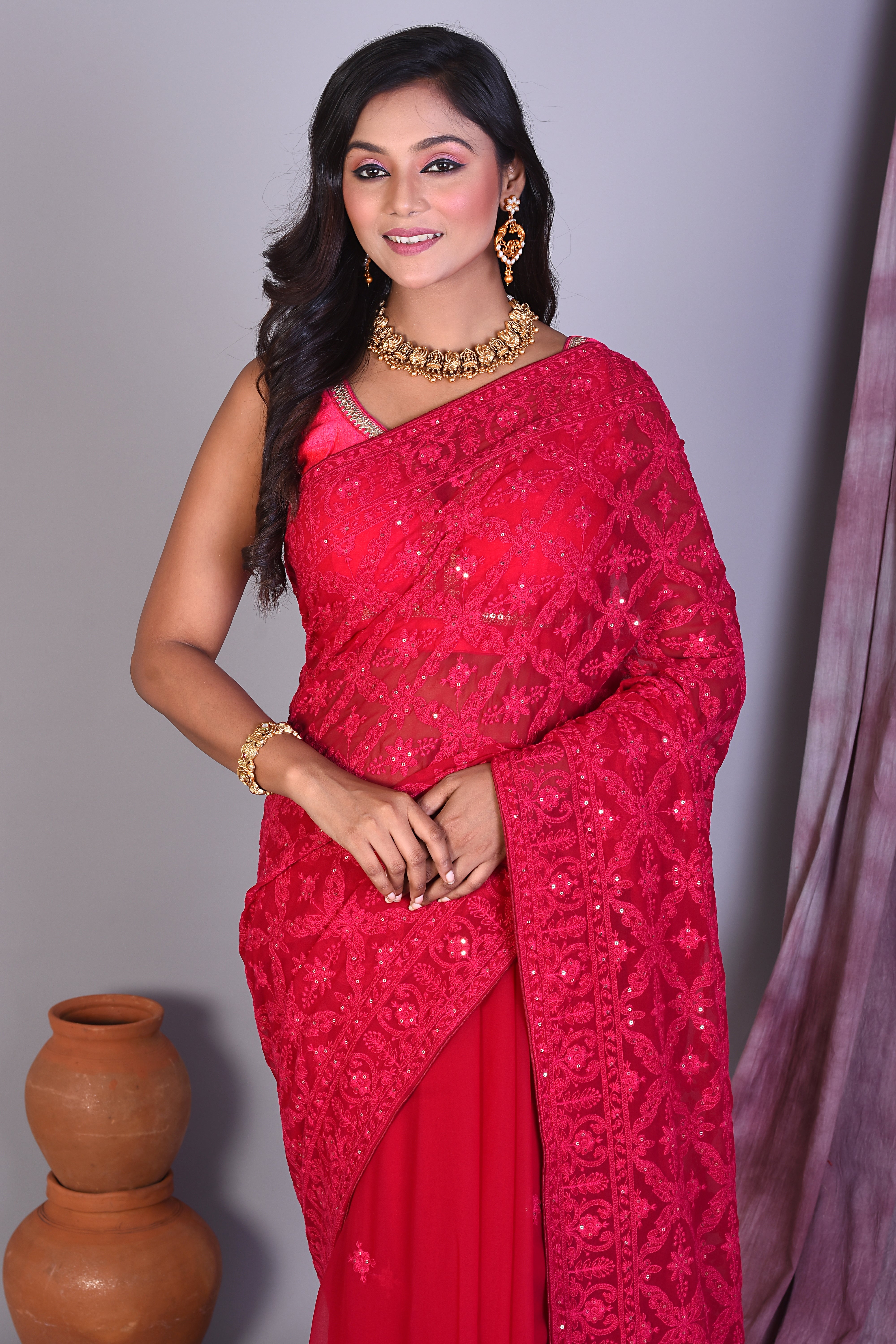 Red Blended Chiffon Saree with Thread Work - Keya Seth Exclusive