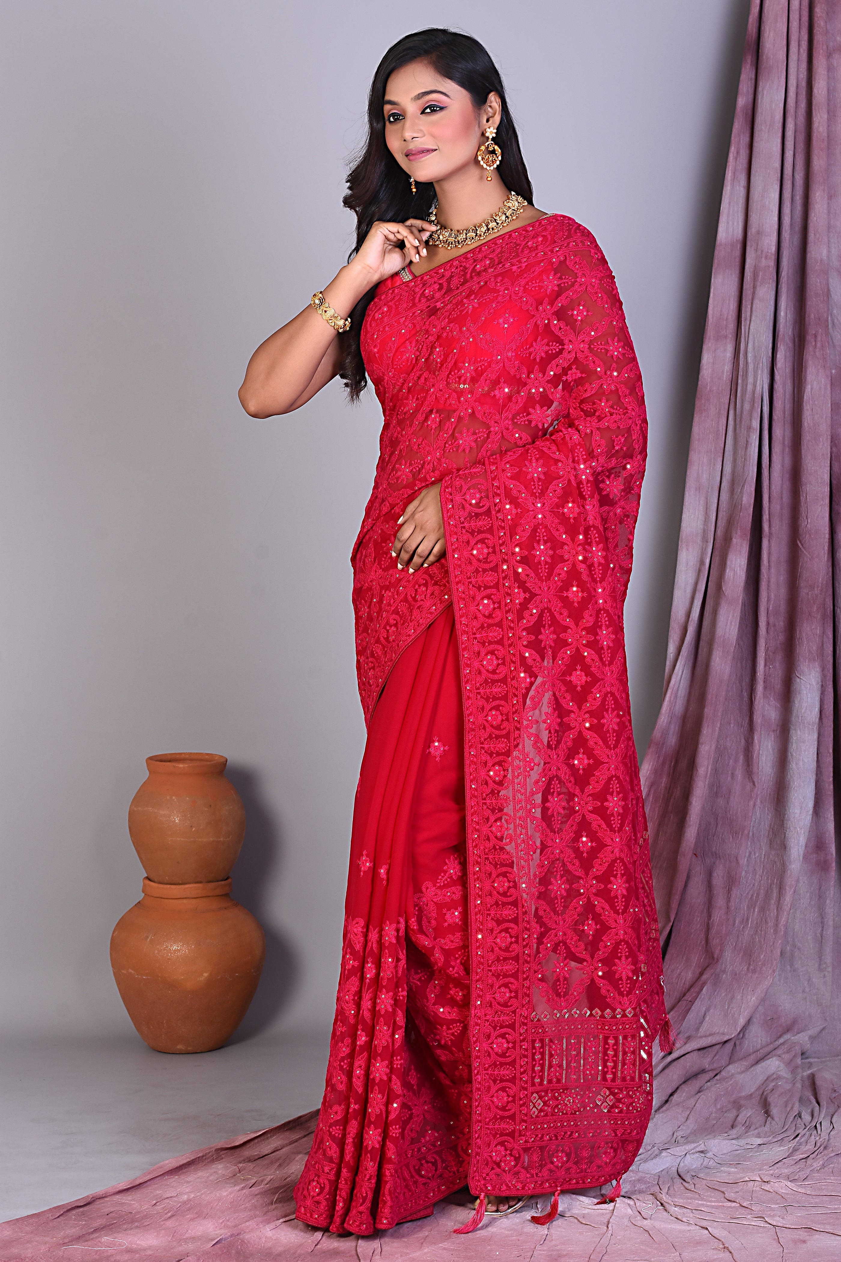 Red Blended Chiffon Saree with Thread Work - Keya Seth Exclusive