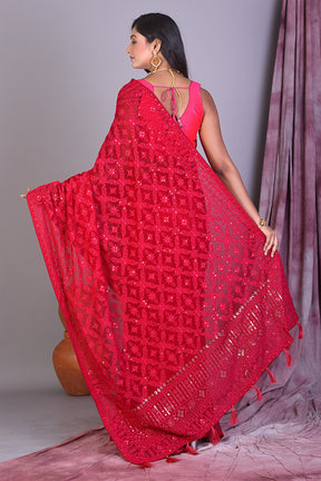 Red Blended Chiffon Saree with Thread Work - Keya Seth Exclusive