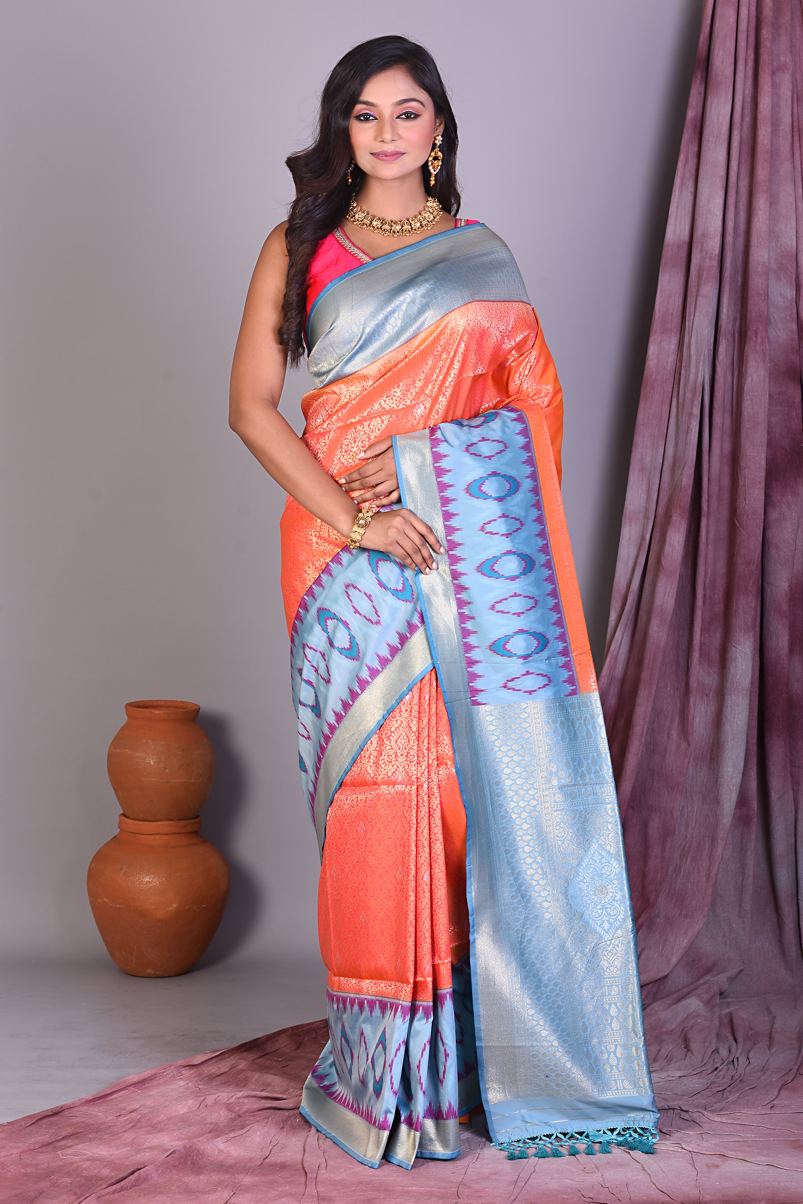 Orange Blended Silk Saree with Ikkat Border - Keya Seth Exclusive