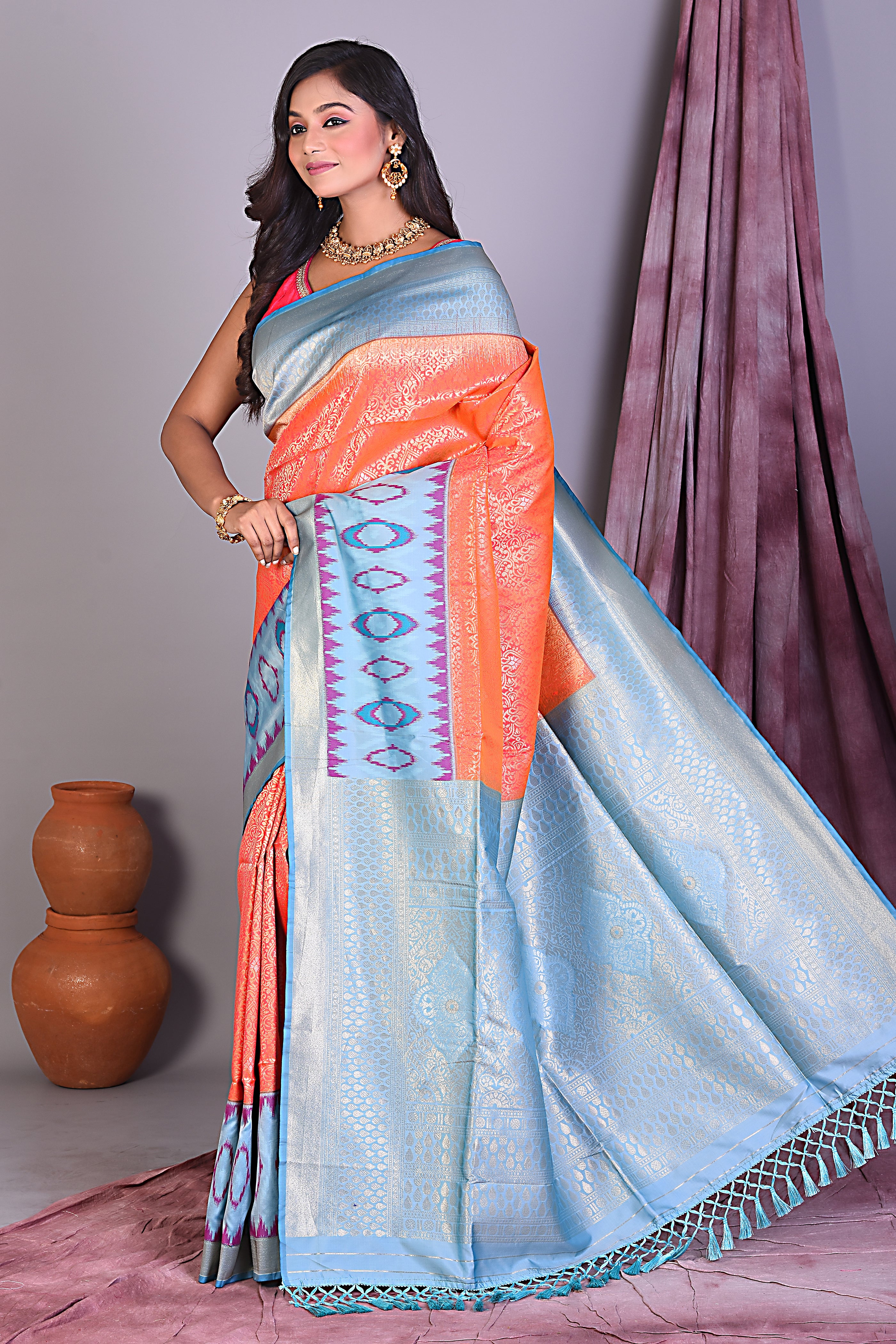 Orange Blended Silk Saree with Ikkat Border - Keya Seth Exclusive