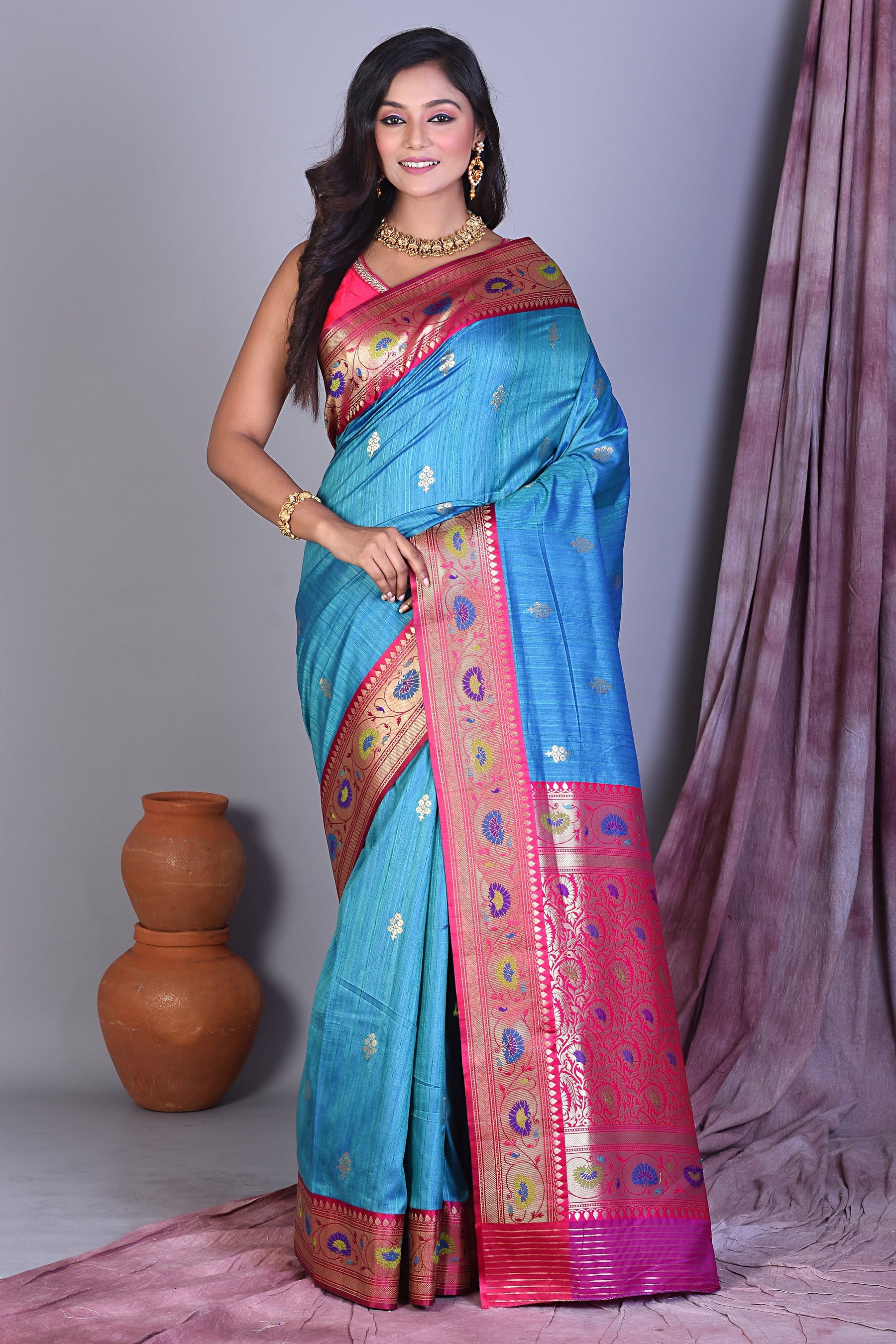 Blue Blended Silk Saree with Pink Borders - Keya Seth Exclusive