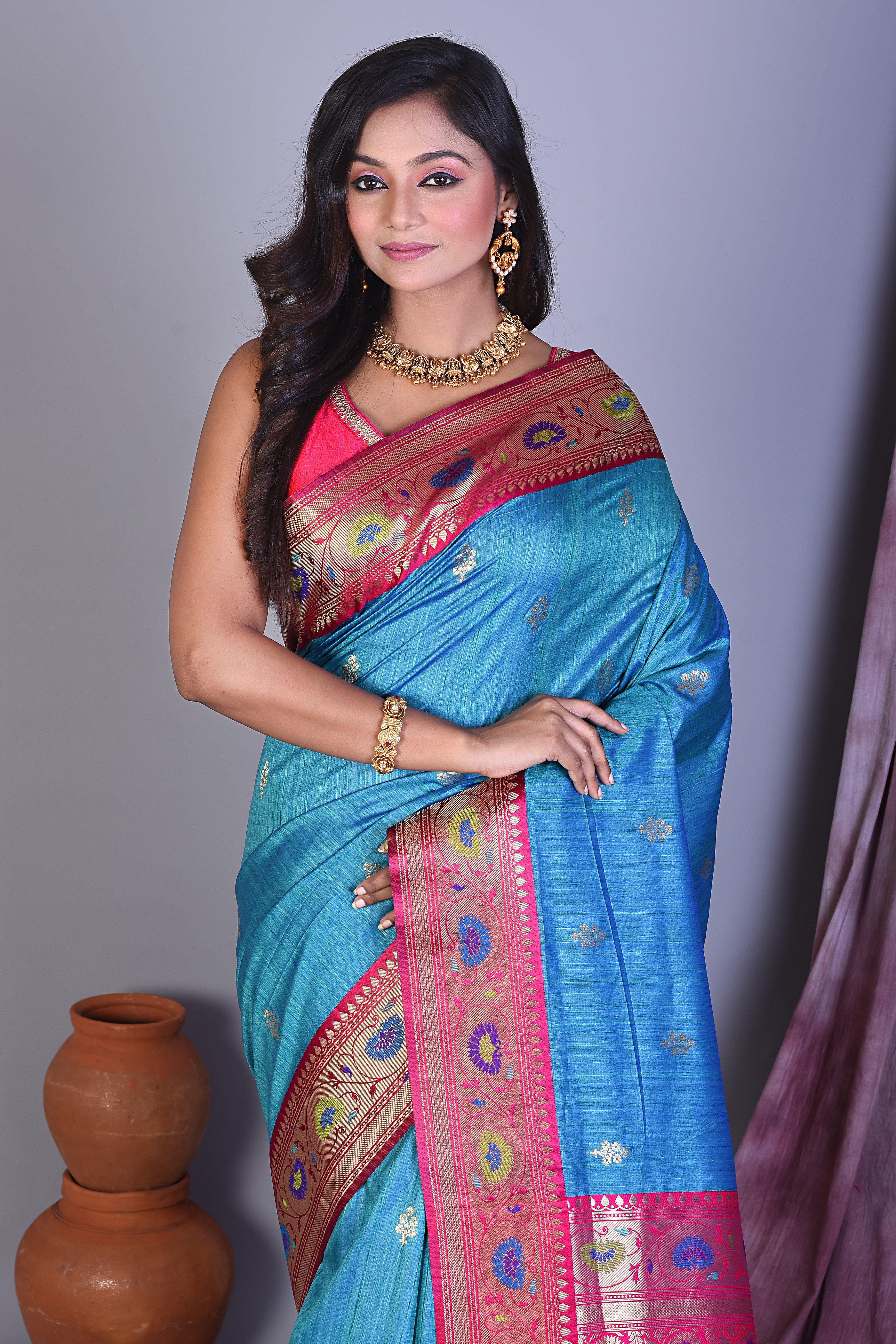 Blue Blended Silk Saree with Pink Borders - Keya Seth Exclusive