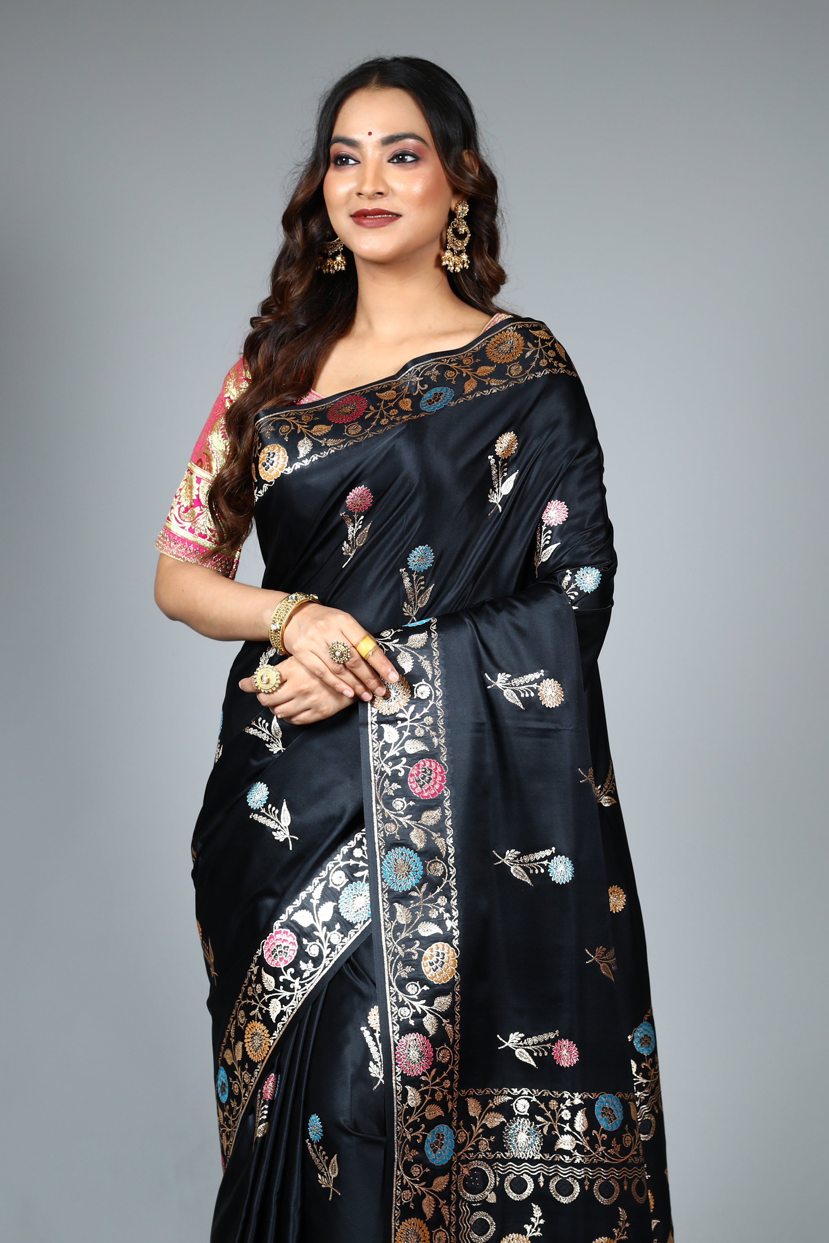 Black Blended Satin Silk Saree