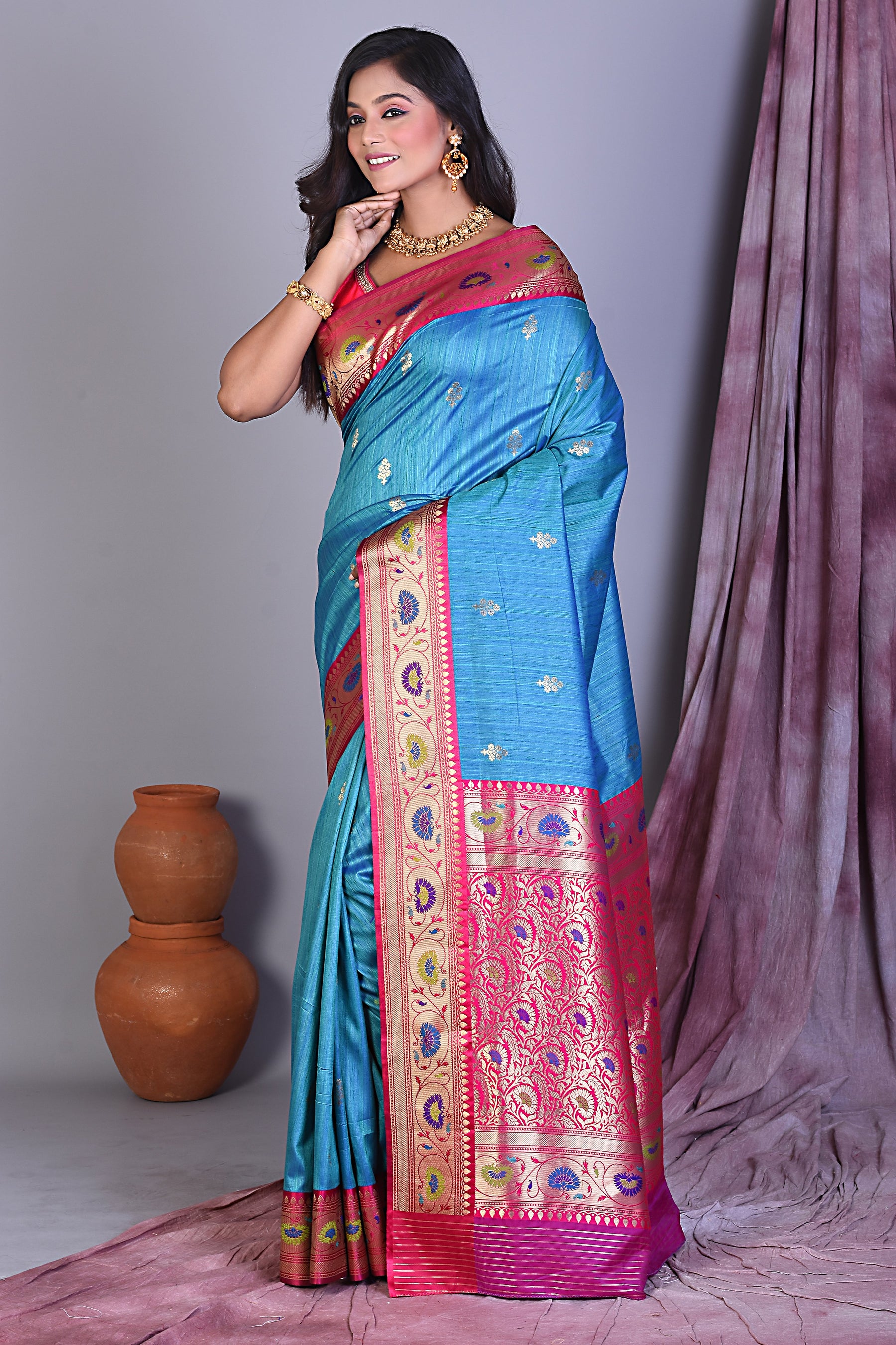 Blue Blended Silk Saree with Pink Borders - Keya Seth Exclusive