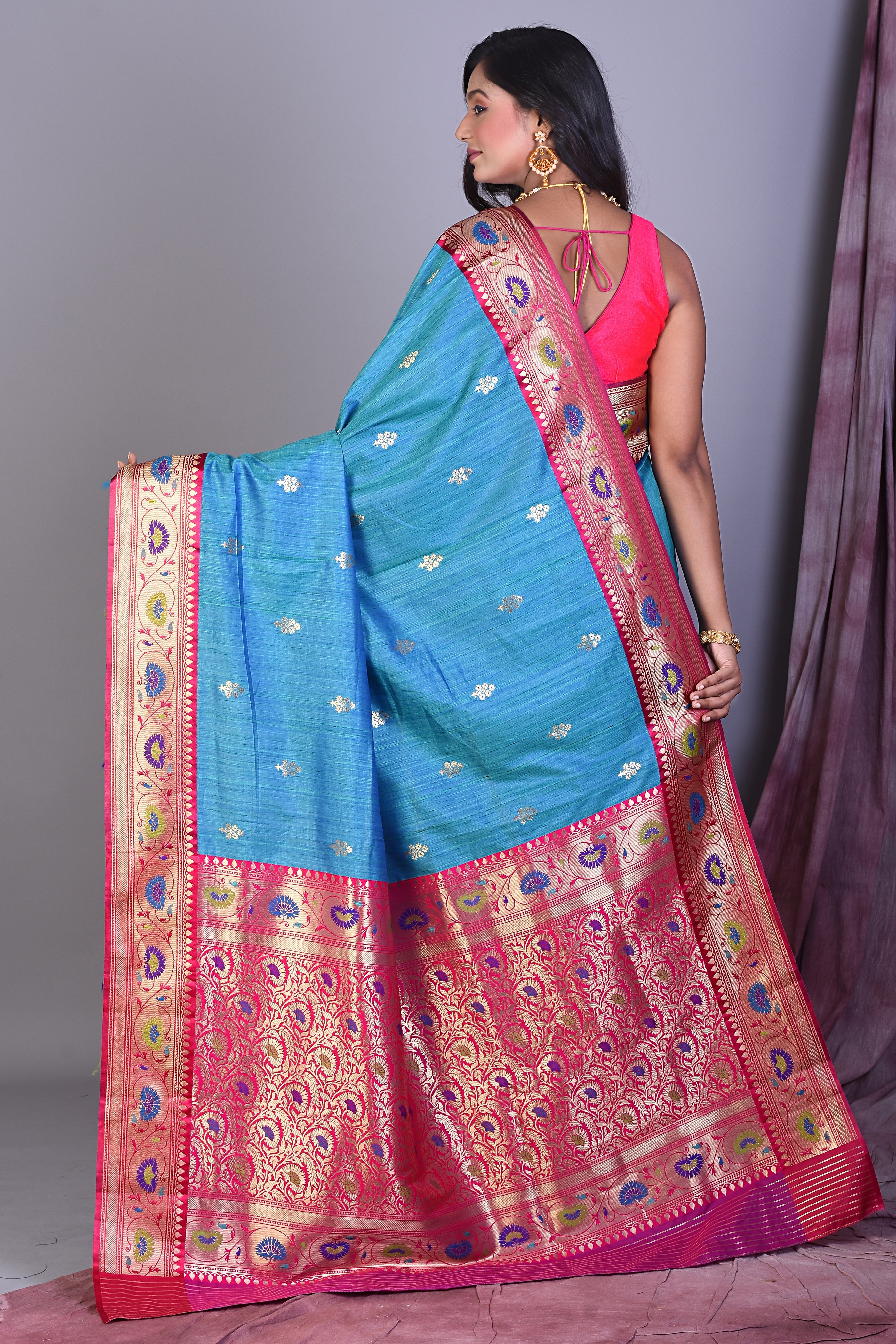 Blue Blended Silk Saree with Pink Borders - Keya Seth Exclusive