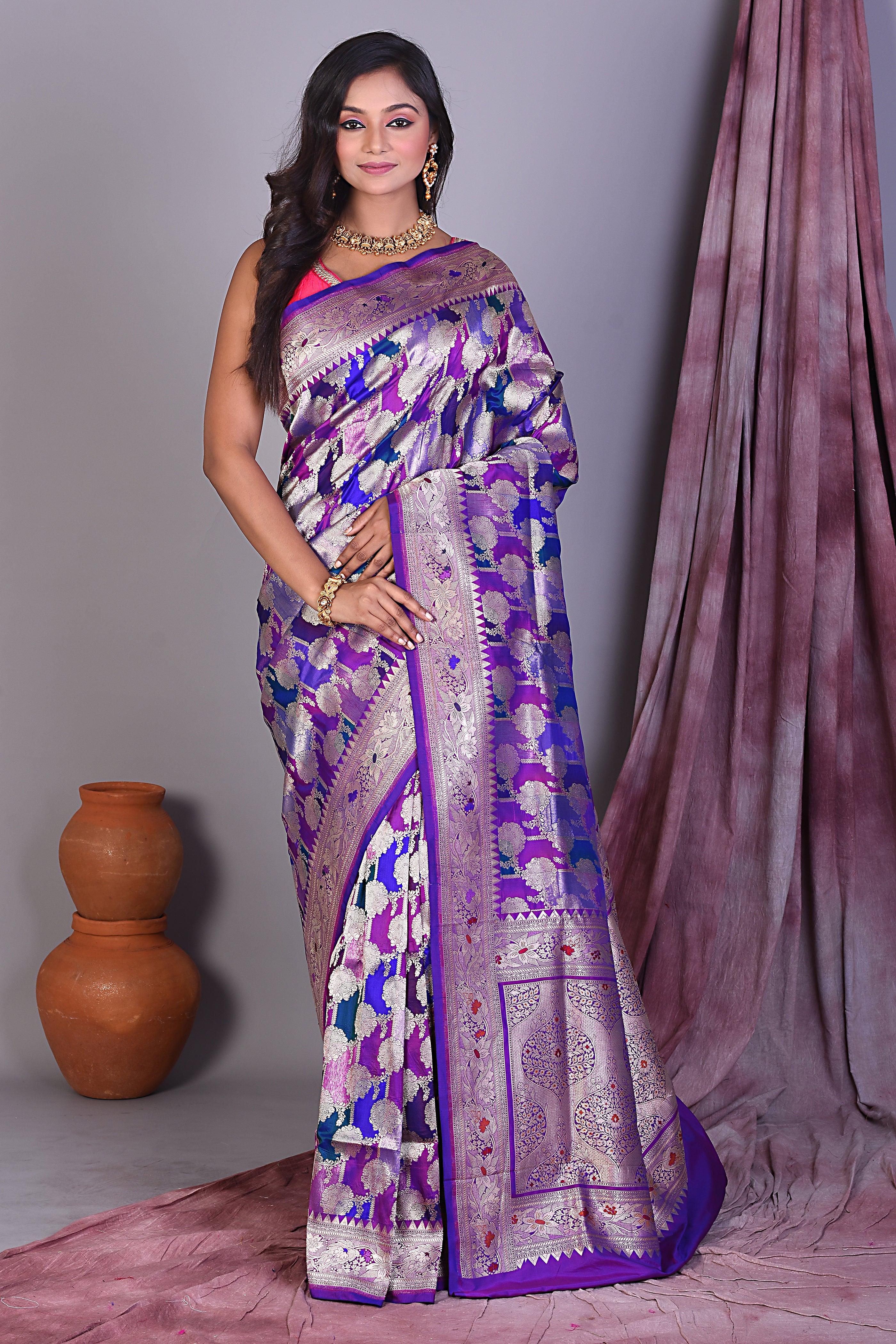 Purple Rangkat Pure Katan Saree with Golden Zari - Keya Seth Exclusive