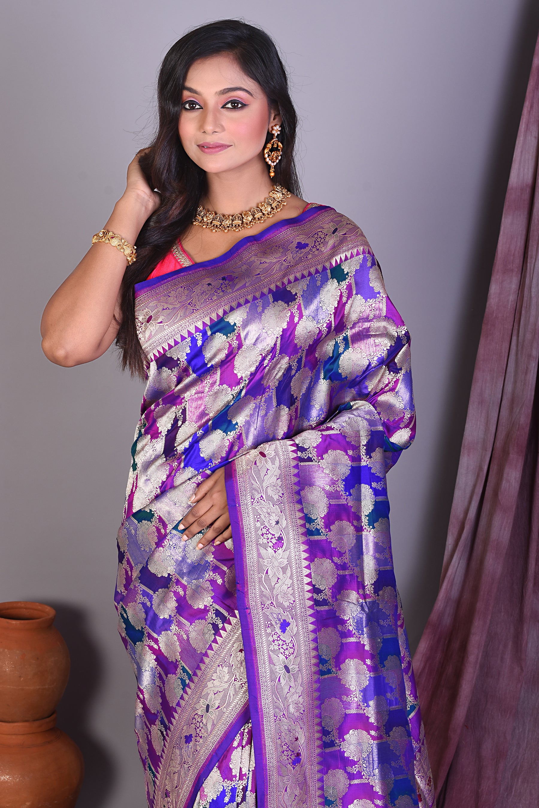 Purple Rangkat Pure Katan Saree with Golden Zari - Keya Seth Exclusive