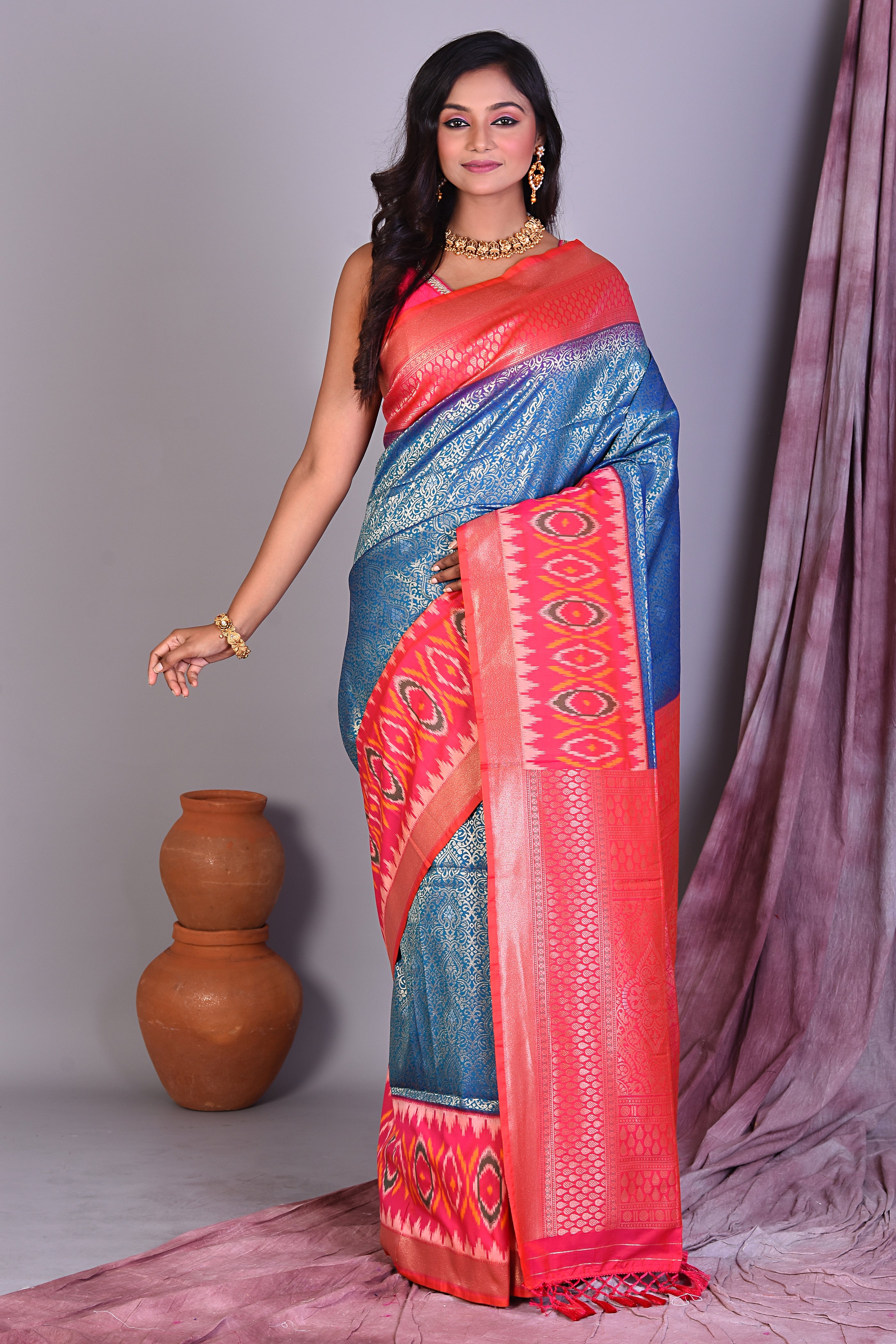 Blue Blended Silk Saree with Ikkat Border - Keya Seth Exclusive