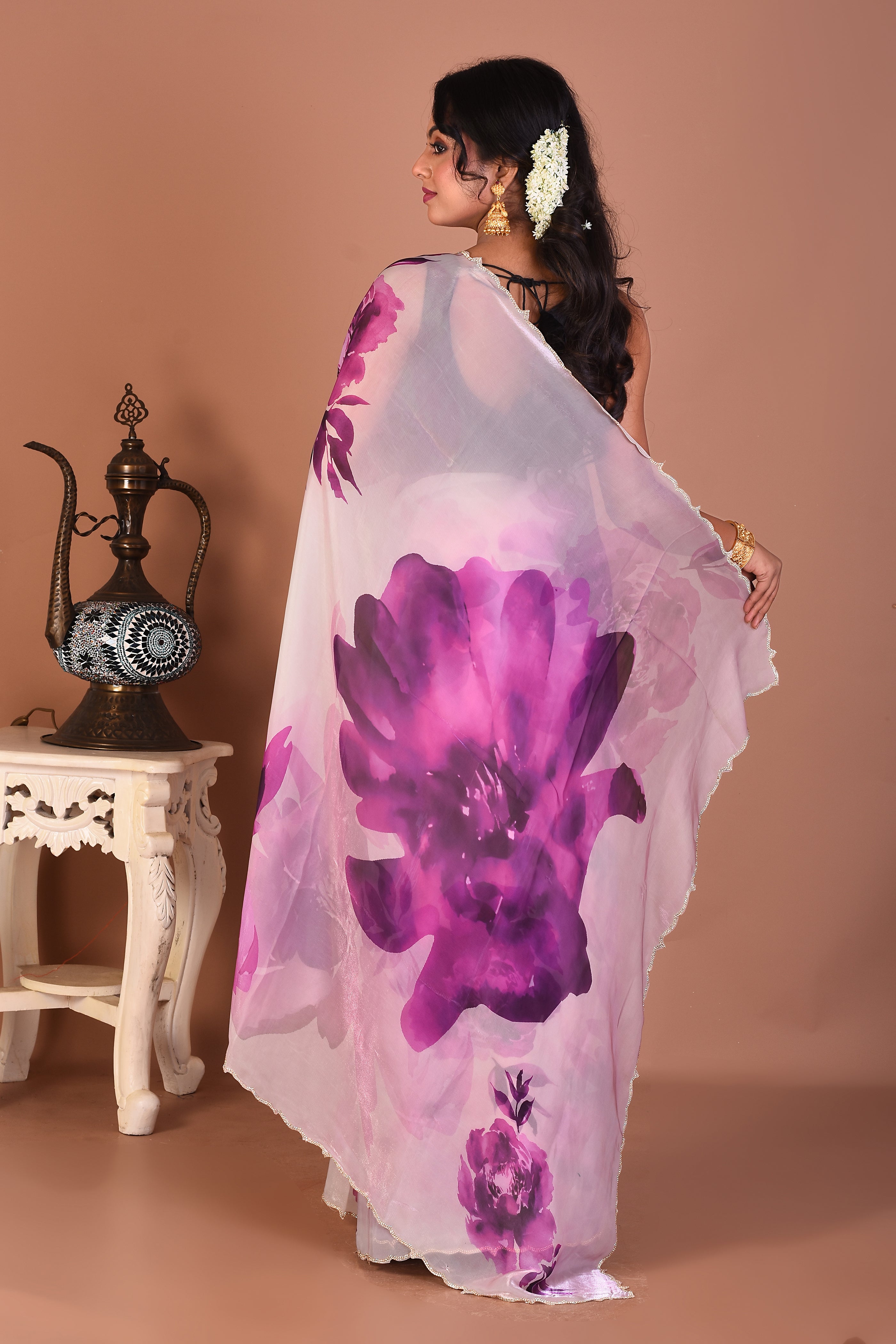 Offwhite & Purple Blended Organza Saree - Keya Seth Exclusive