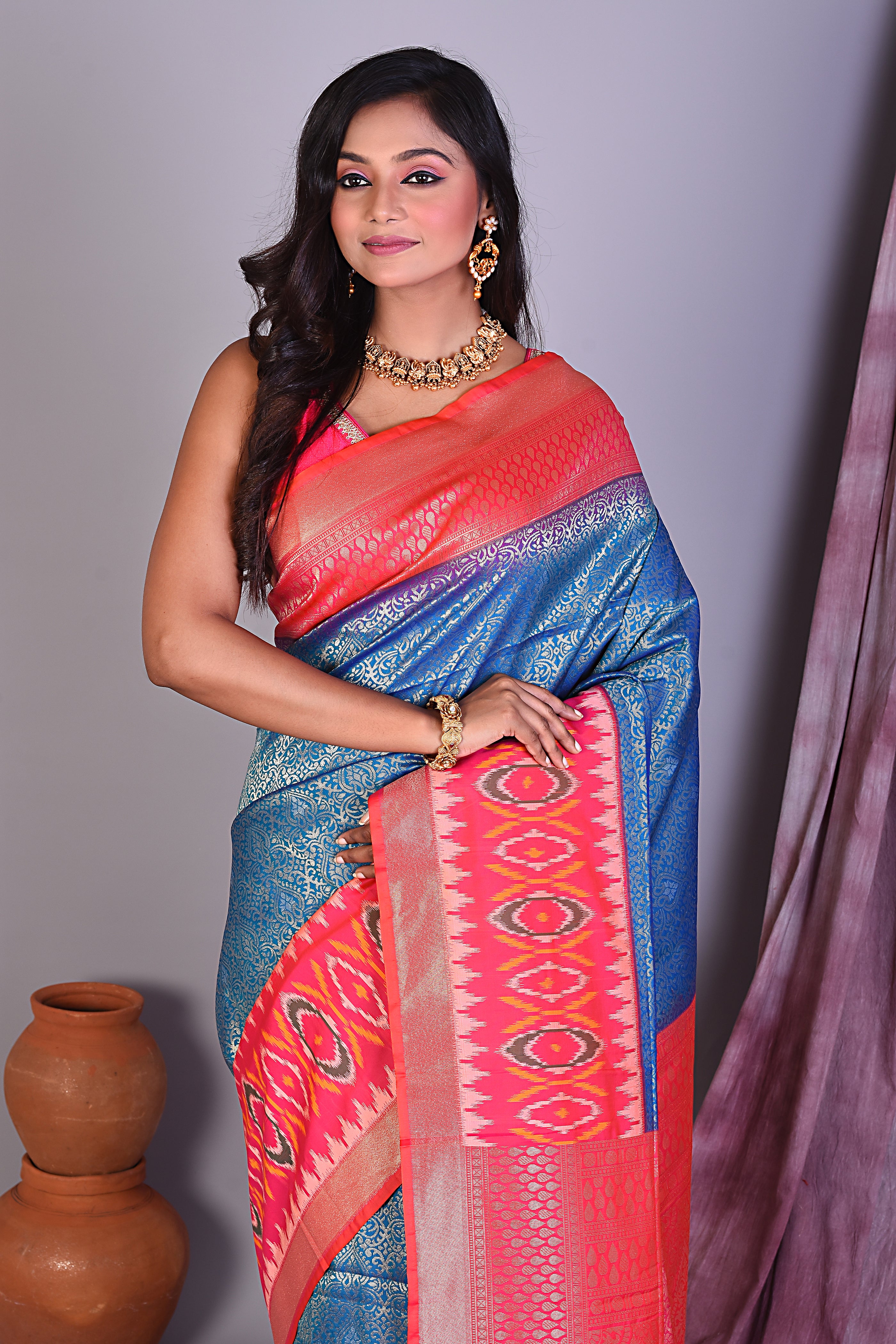 Blue Blended Silk Saree with Ikkat Border - Keya Seth Exclusive