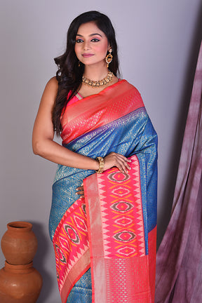 Blue Blended Silk Saree with Ikkat Border - Keya Seth Exclusive