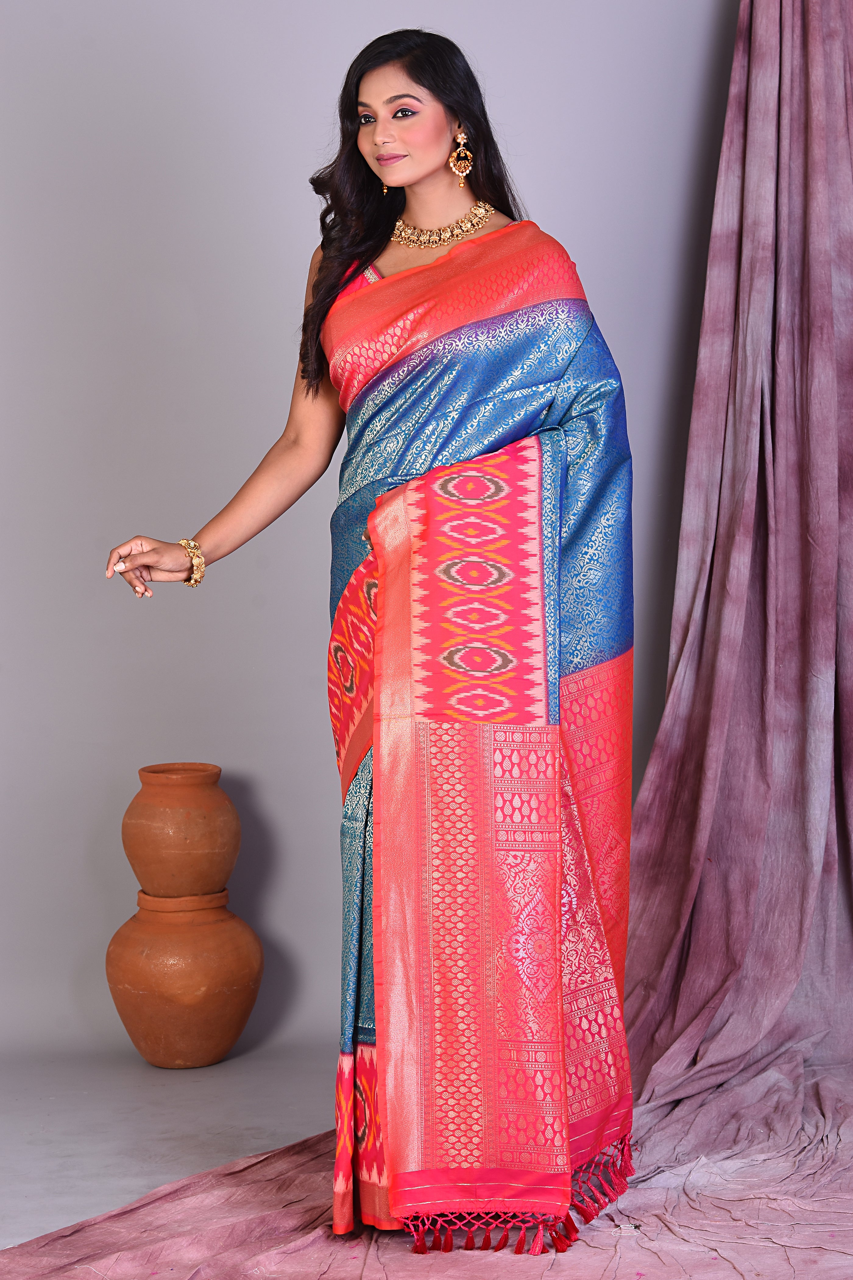 Blue Blended Silk Saree with Ikkat Border - Keya Seth Exclusive