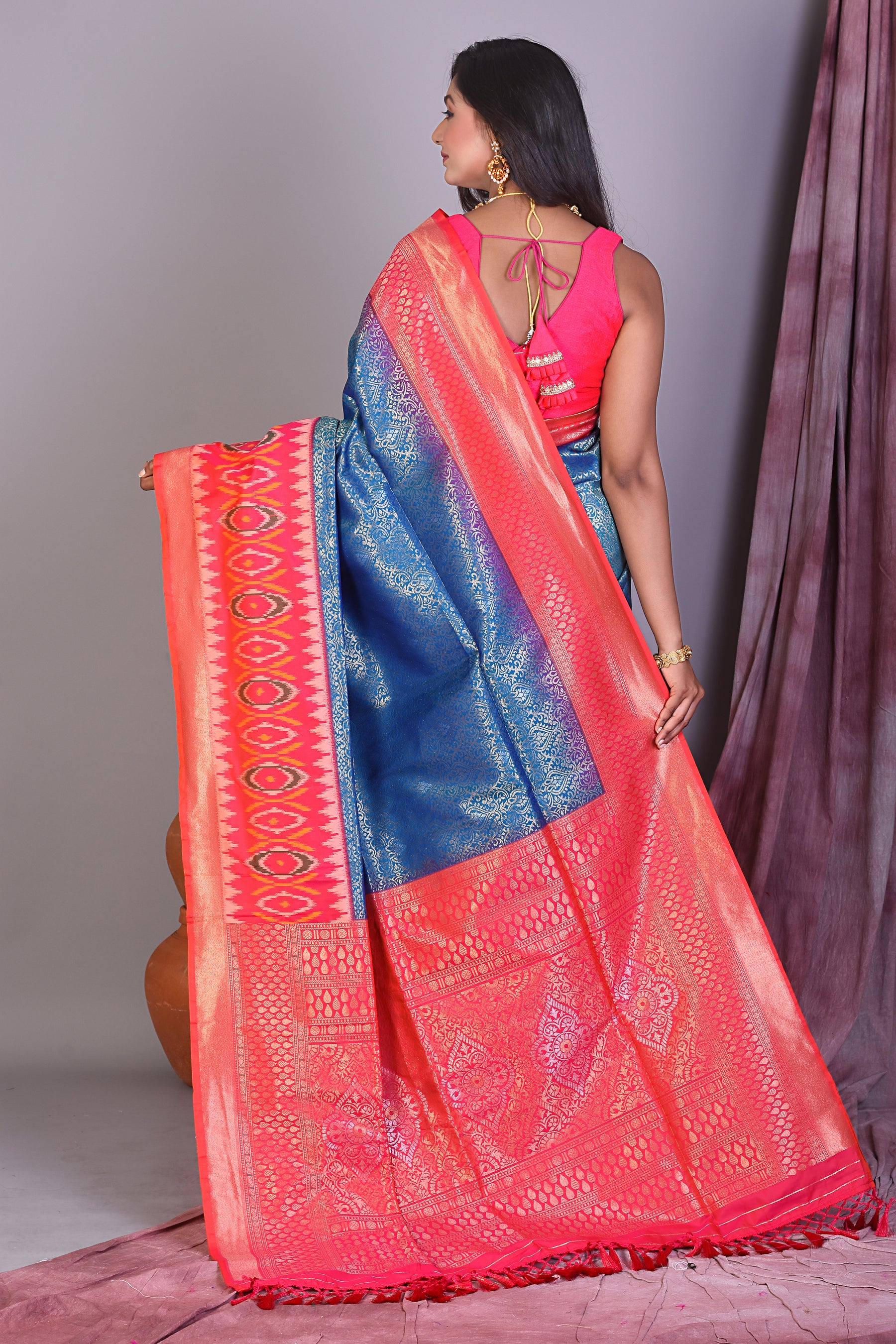 Blue Blended Silk Saree with Ikkat Border - Keya Seth Exclusive