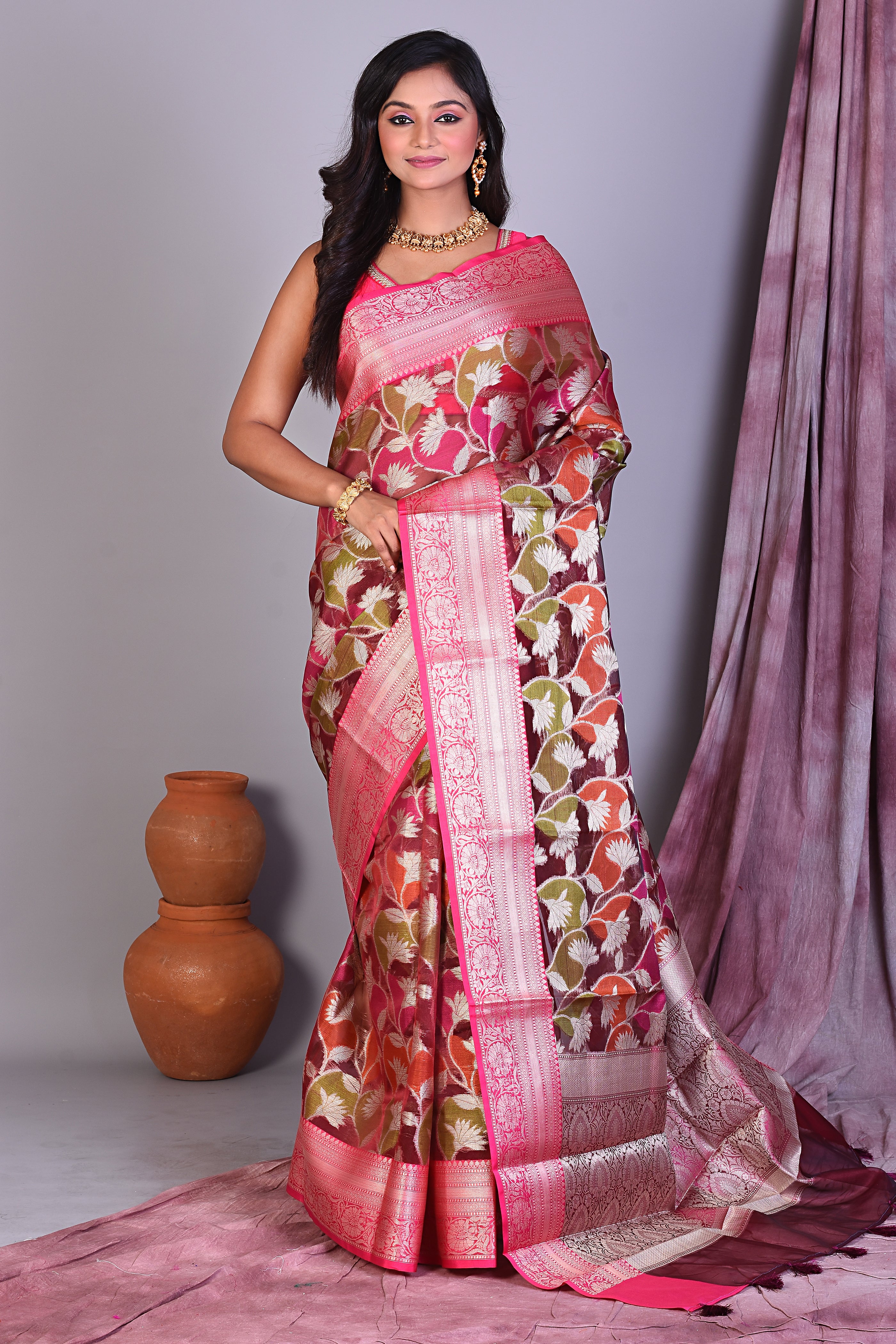 Brown Blended Tissue Saree with Zari Work - Keya Seth Exclusive