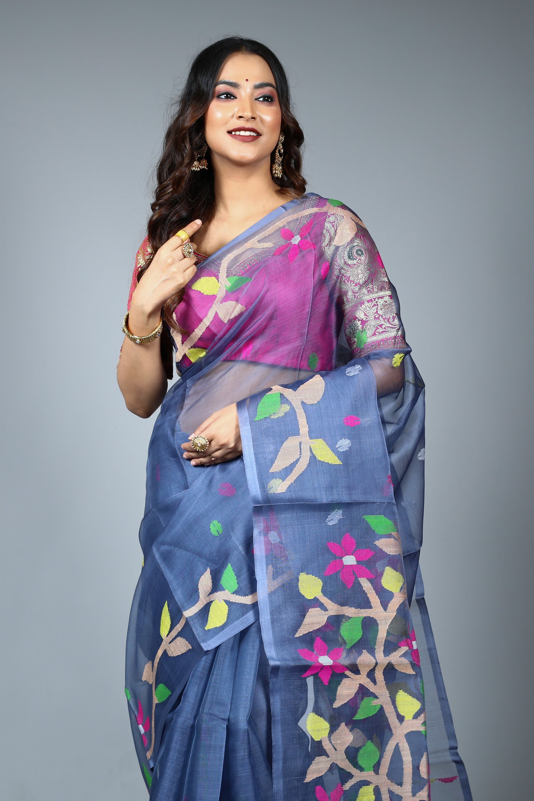 Grey Pure Muslin Saree