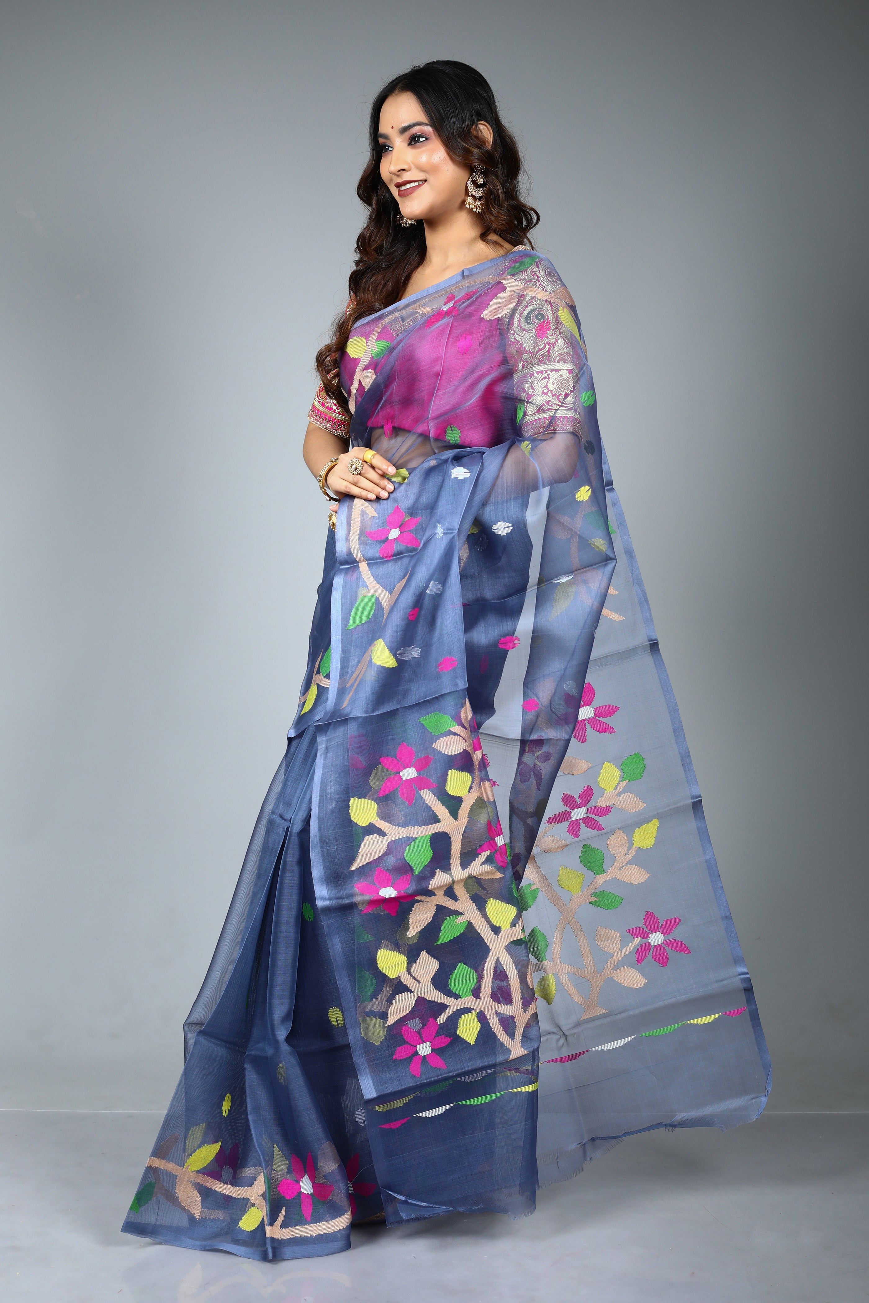 Grey Pure Muslin Saree