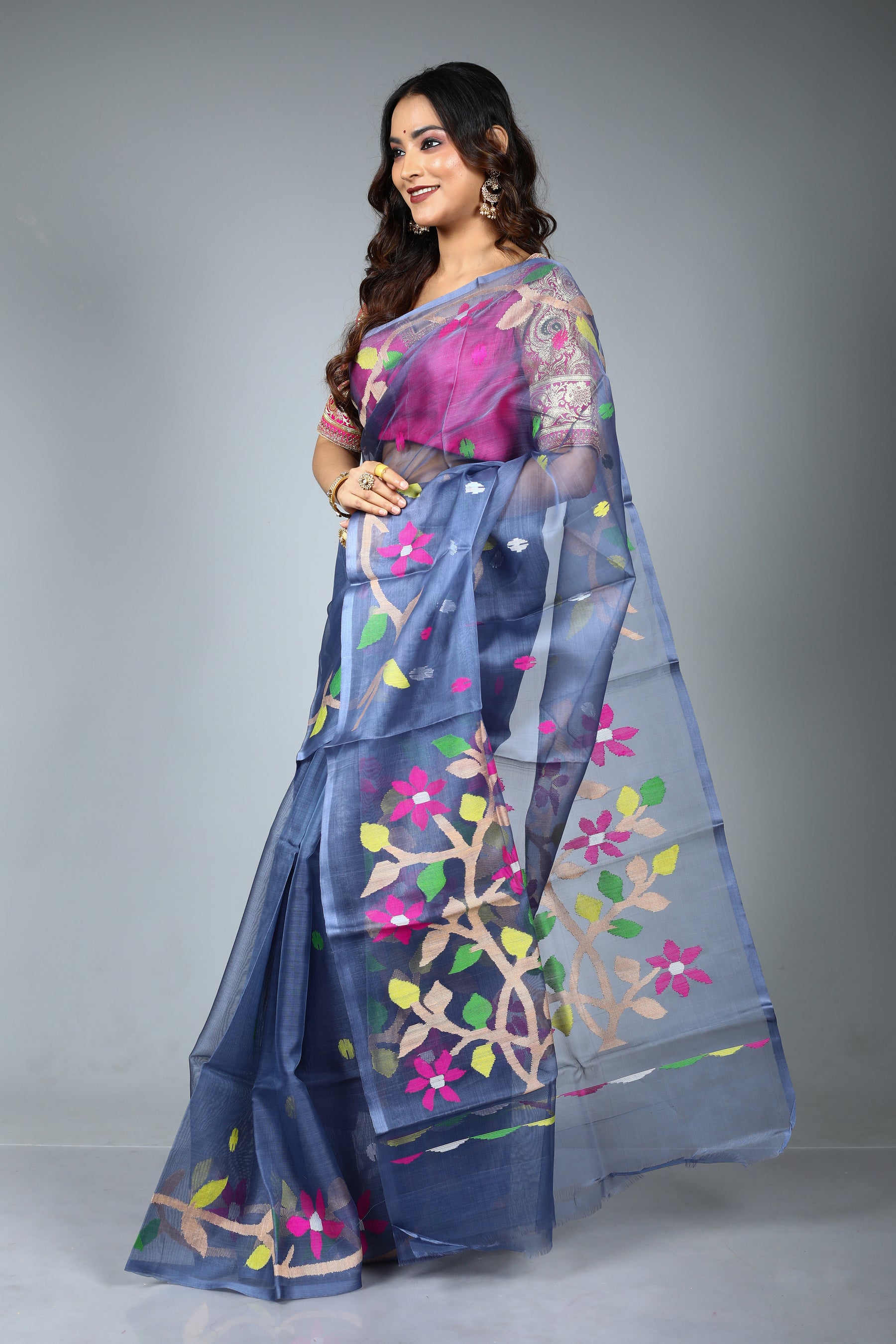 Grey Pure Muslin Saree