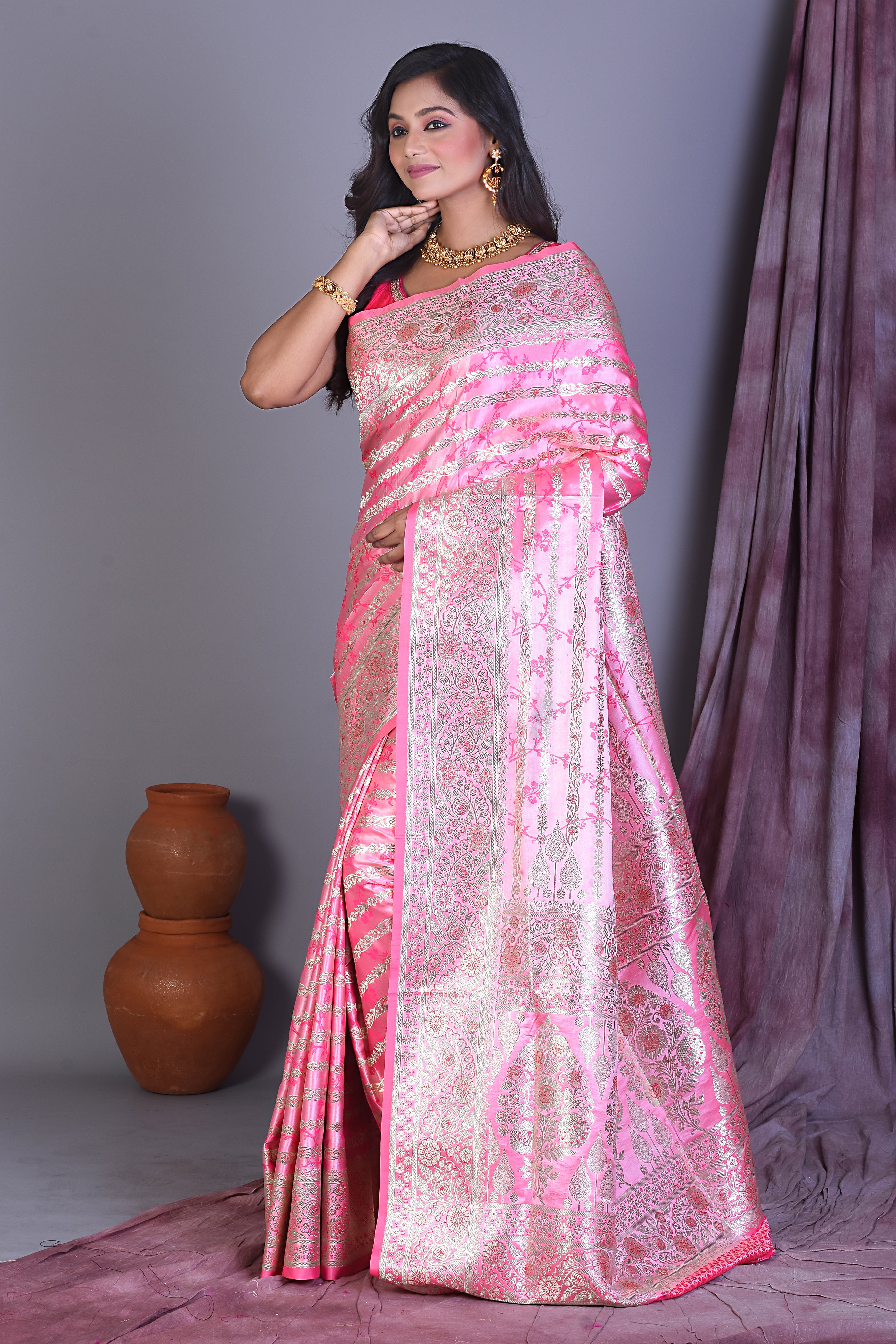 Pink Semi Katan Saree with Zari Work - Keya Seth Exclusive