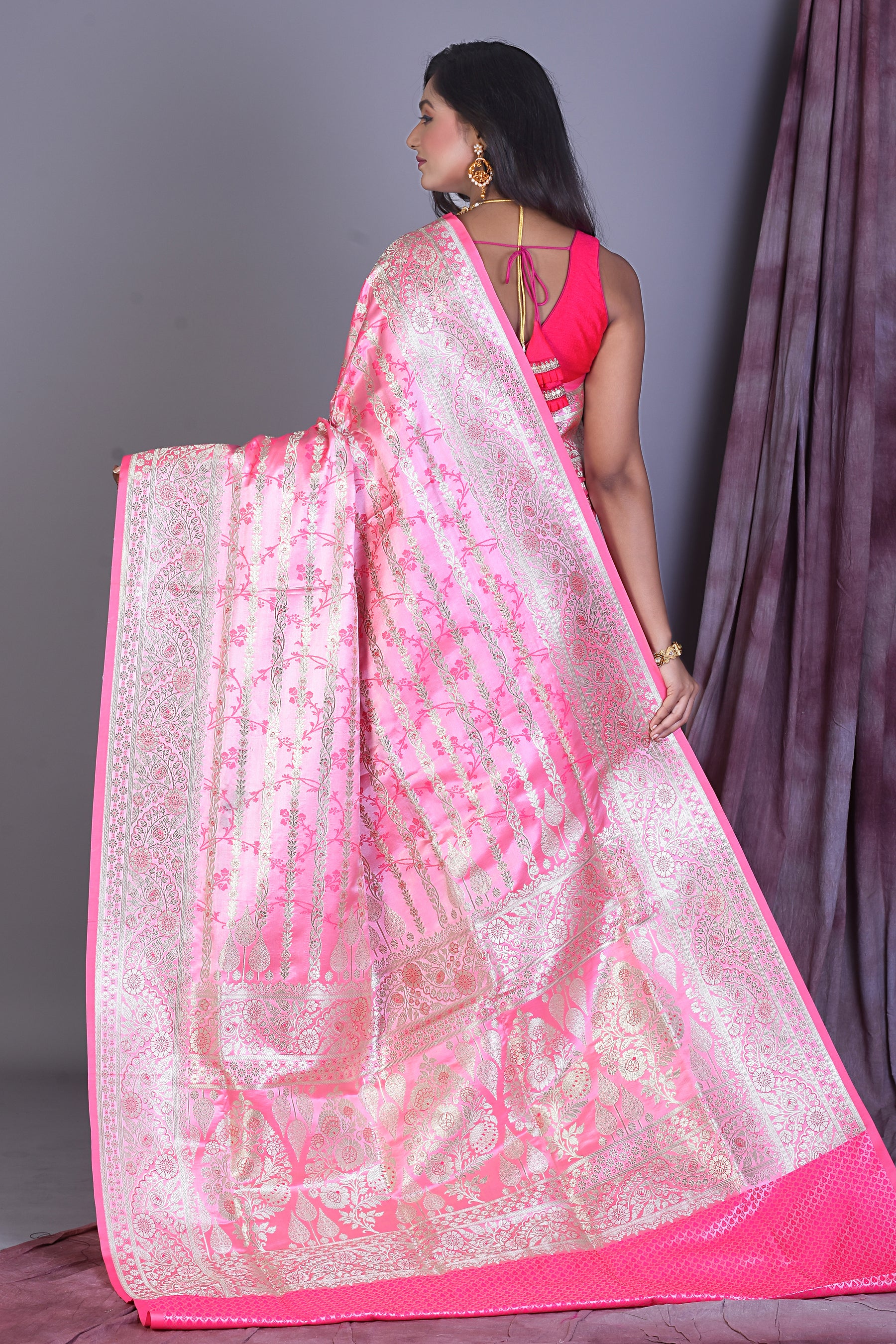 Pink Semi Katan Saree with Zari Work - Keya Seth Exclusive