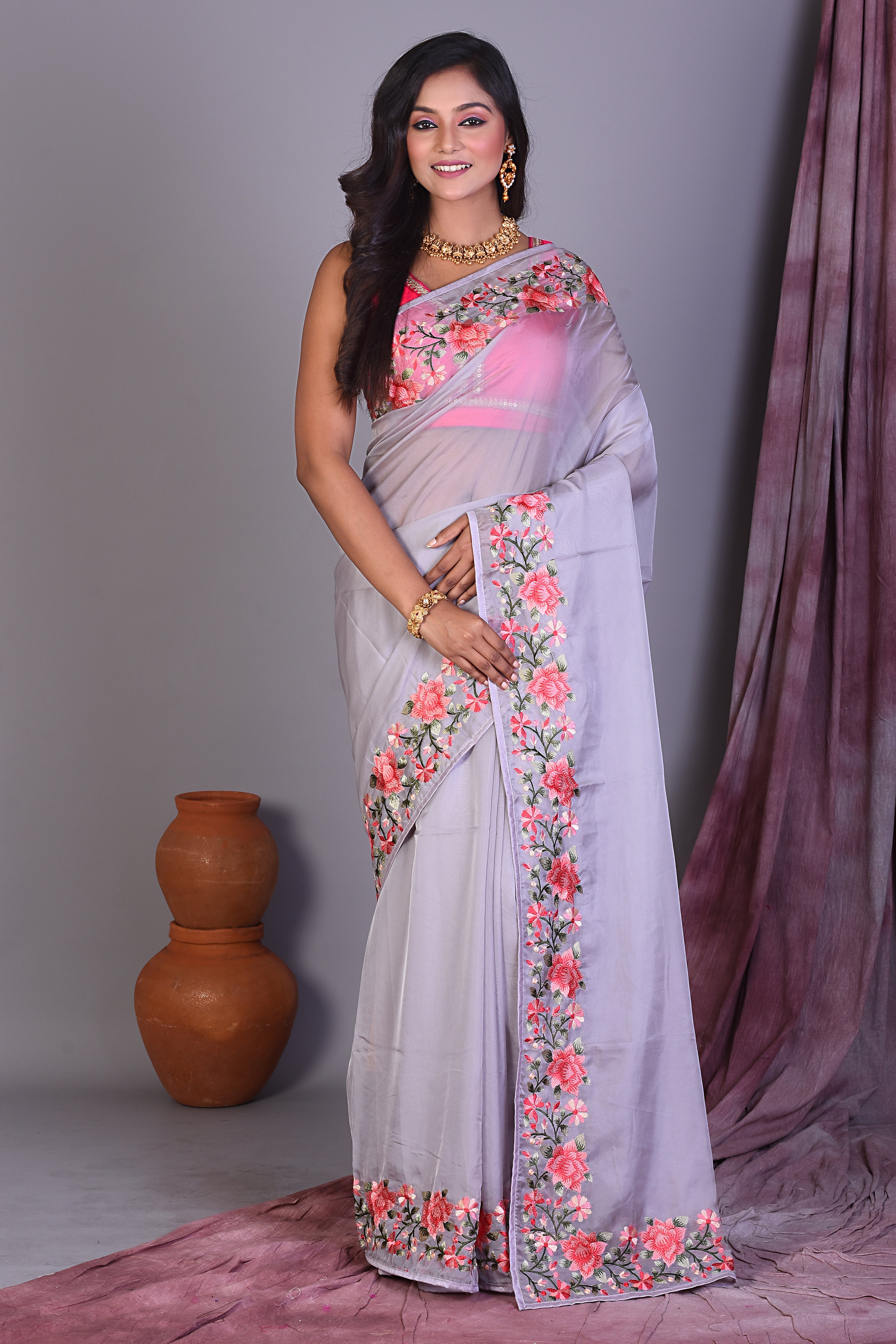 Grey Blended Organza Saree with Floral Borders - Keya Seth Exclusive