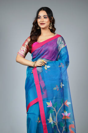 Blue Pure Muslin Saree
