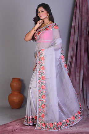 Grey Blended Organza Saree with Floral Borders - Keya Seth Exclusive