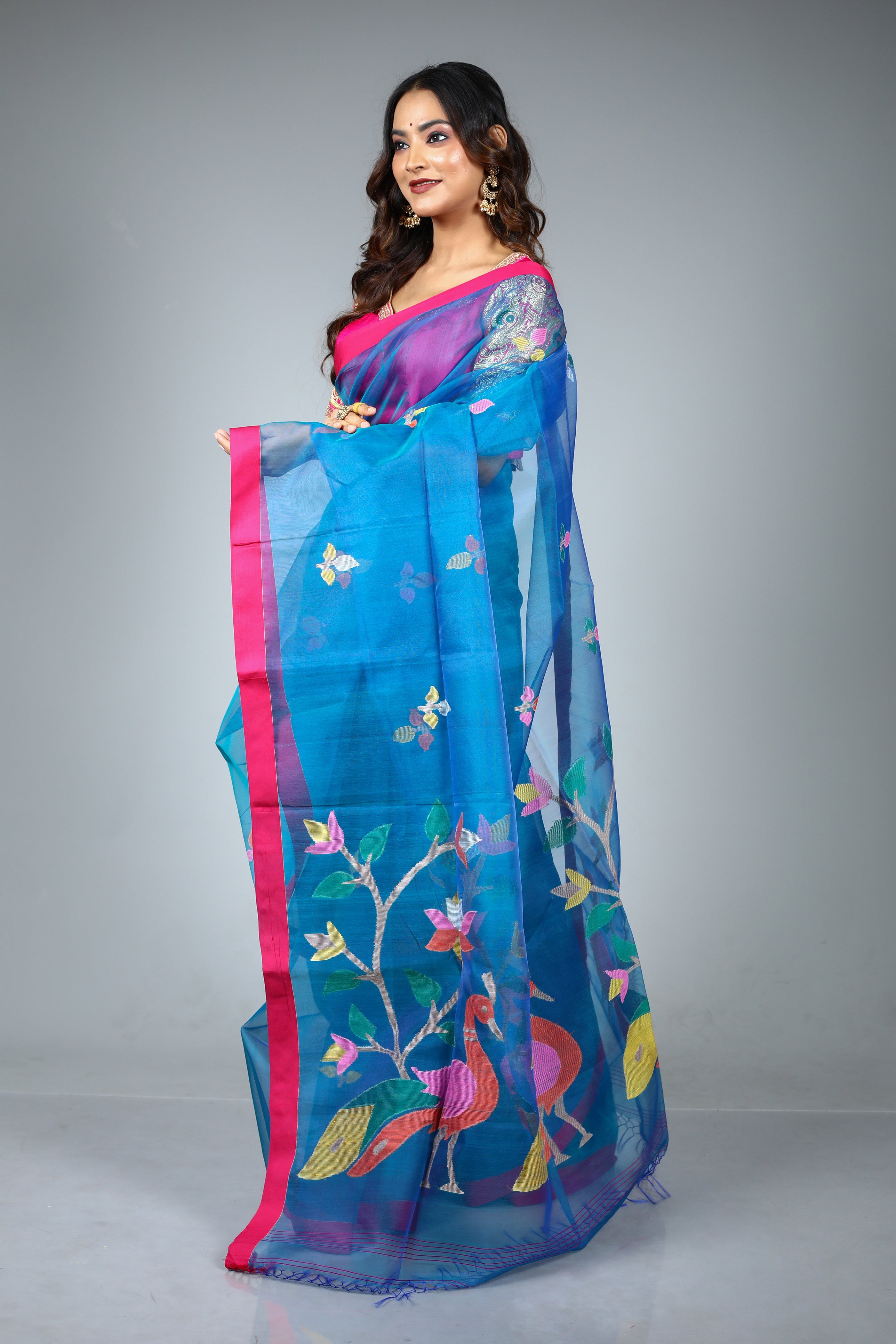 Blue Pure Muslin Saree