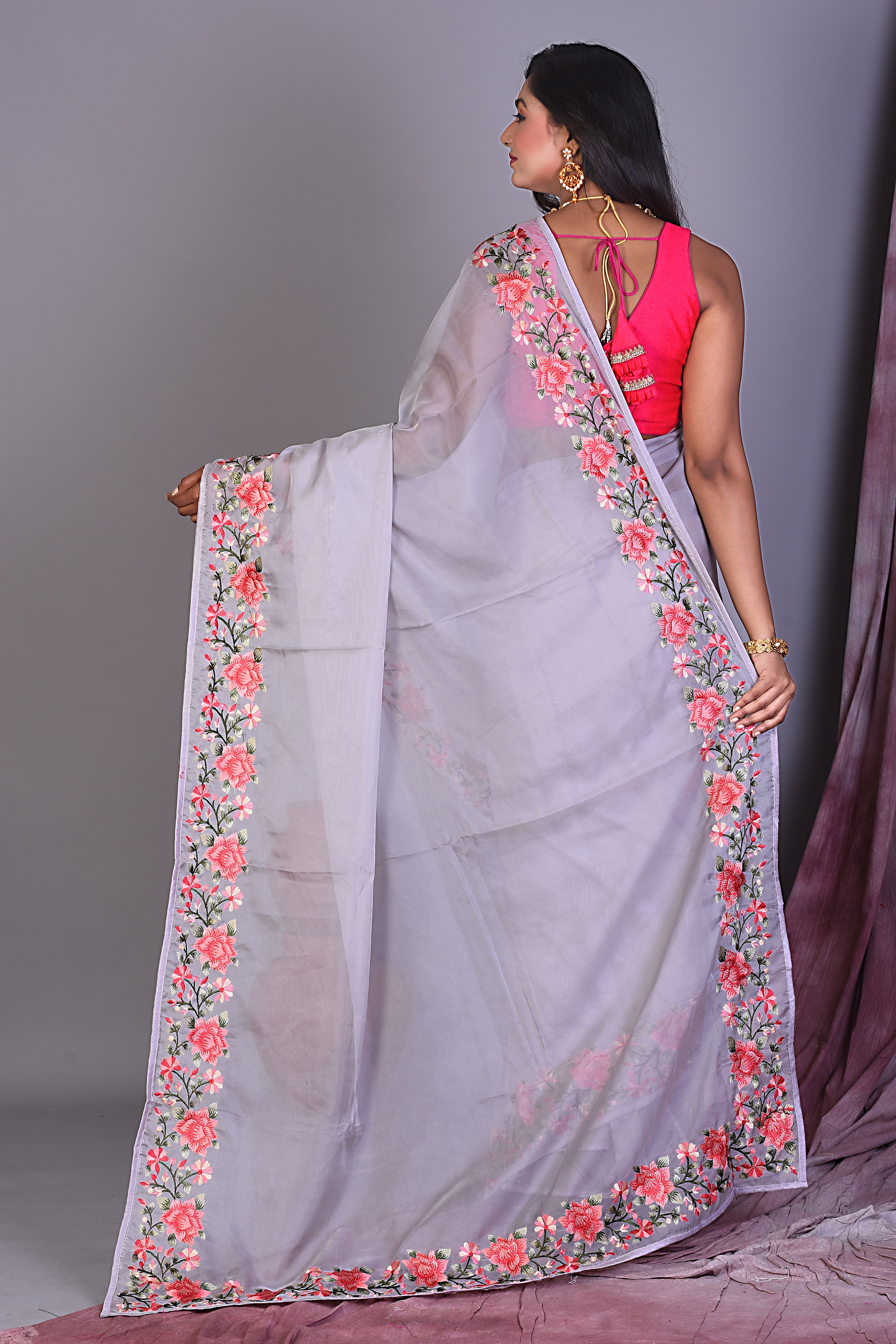 Grey Blended Organza Saree with Floral Borders - Keya Seth Exclusive