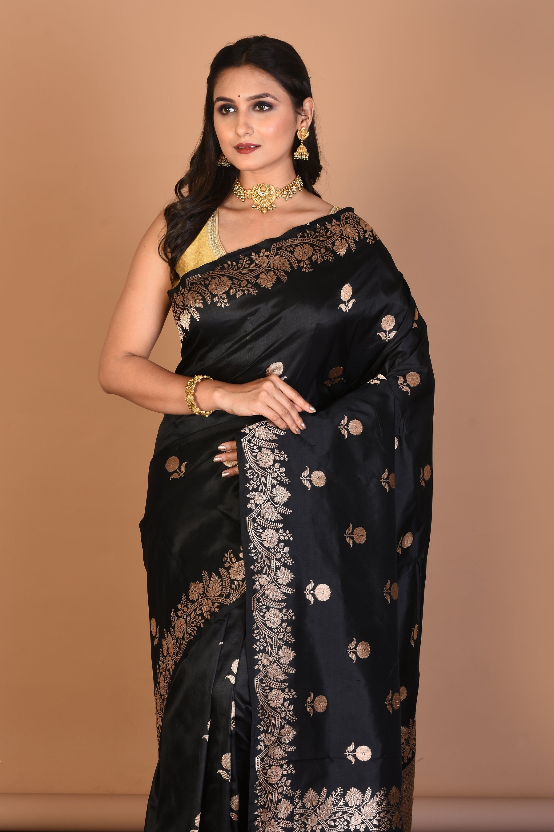 Black Pure Katan Silk Saree with Blouse Piece - Keya Seth Exclusive